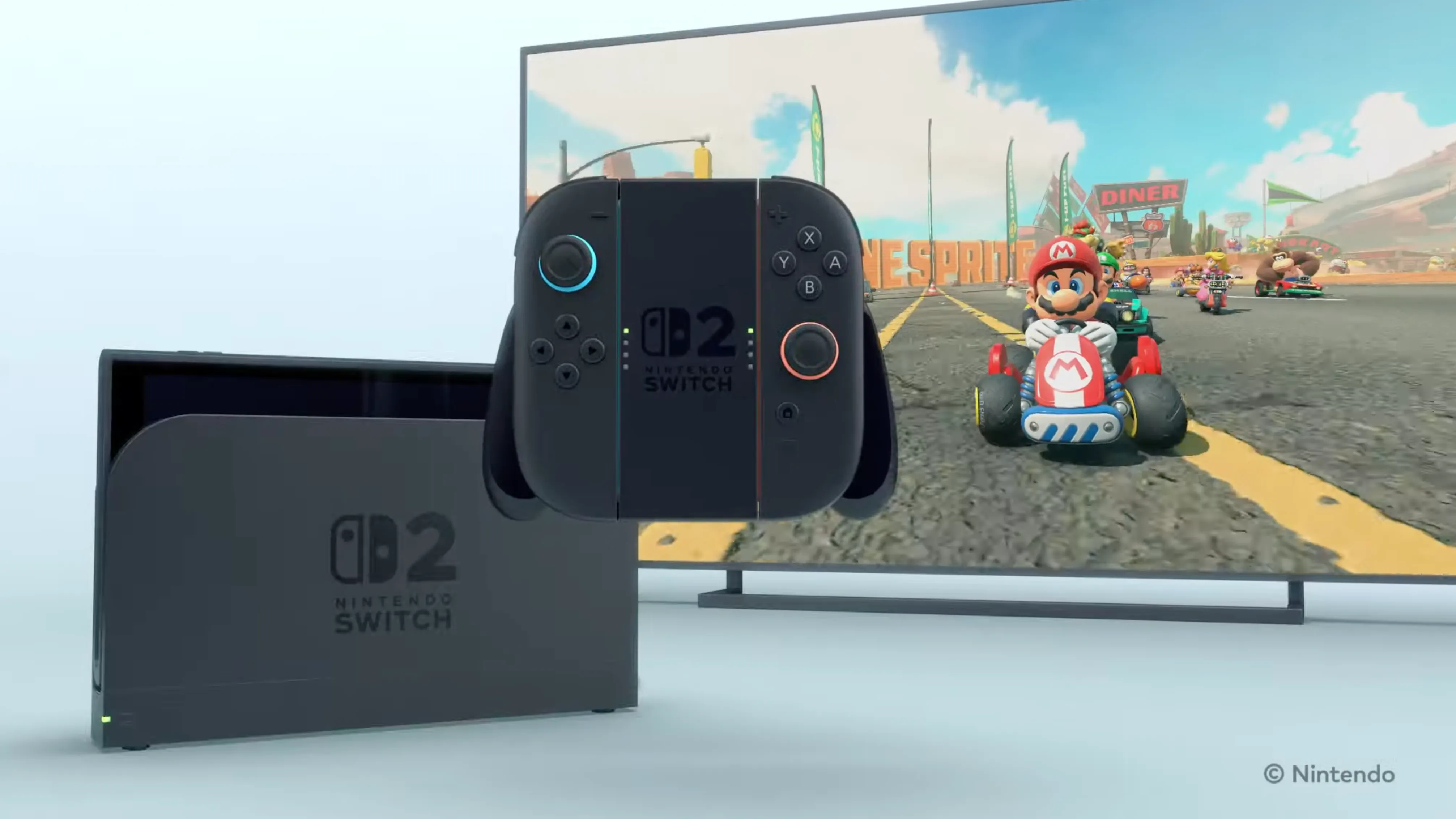 Máy chơi game Nintendo Switch 2 đang đặt trên dock, hiển thị game Mario Kart World trên màn hình, minh họa gói ưu đãi độc quyền