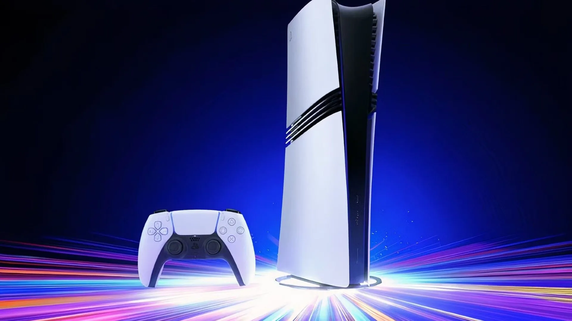 Máy chơi game PlayStation 5 Pro với thiết kế hiện đại, nổi bật trên nền xanh