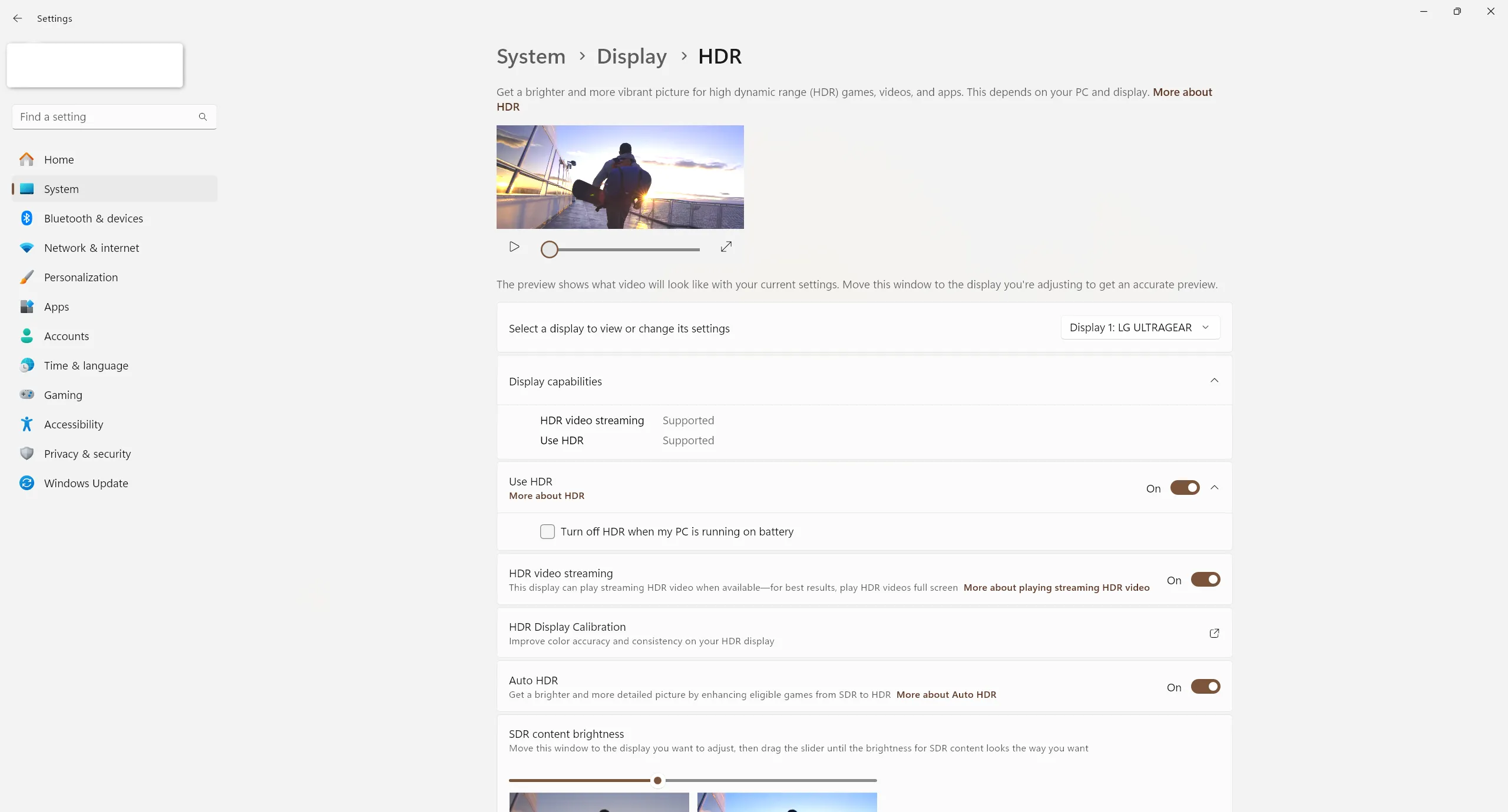 Menu cài đặt HDR trên Windows 11