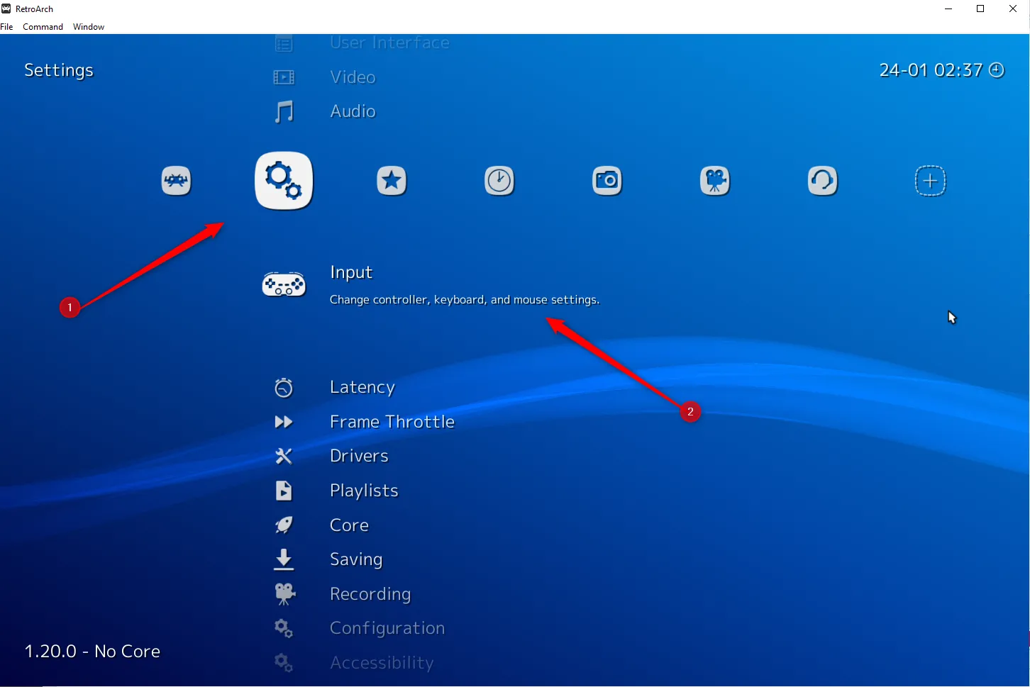 Menu Cài đặt (Settings) trong RetroArch với các tùy chọn điều chỉnh chuyên sâu