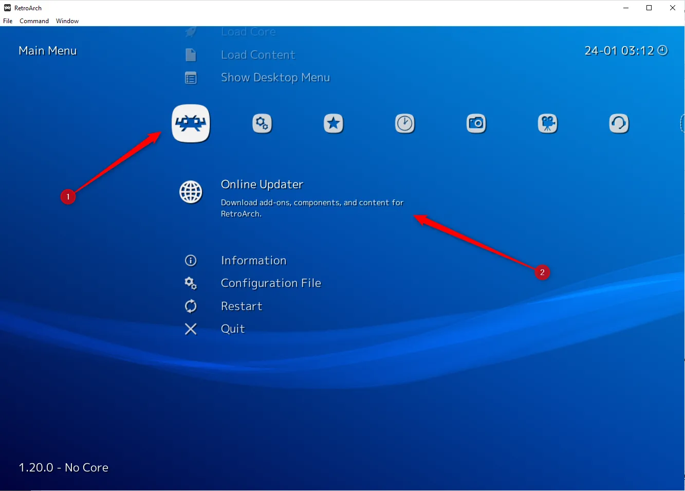 Menu chính của RetroArch hiển thị tùy chọn Online Updater để tải thêm nội dung