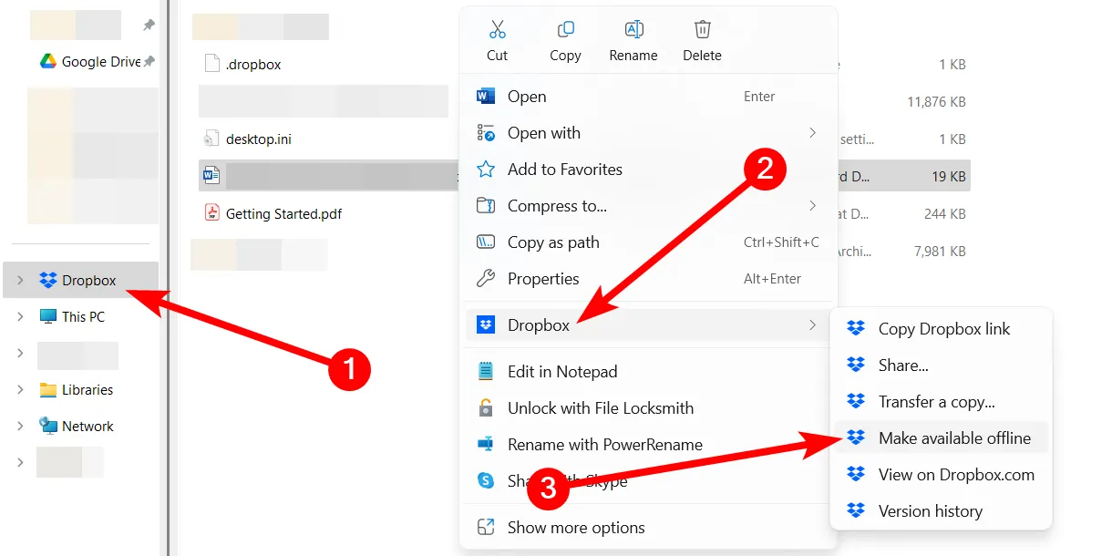 Menu Dropbox trên Windows để kích hoạt chế độ offline cho file