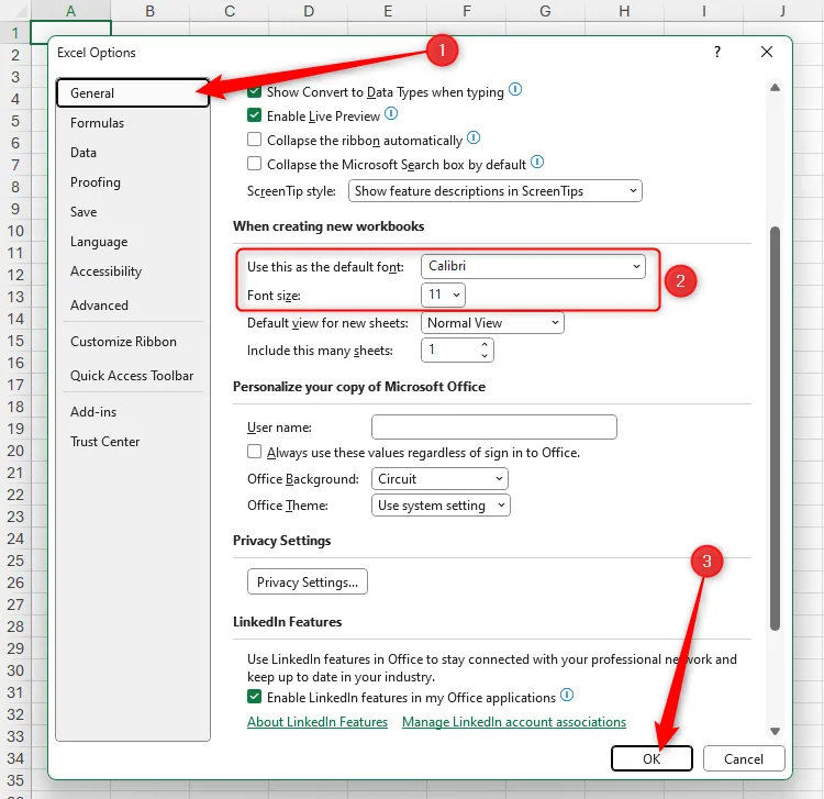 Menu General trong cửa sổ Excel Options, với kiểu chữ và kích thước font được tô sáng và nút OK được chọn
