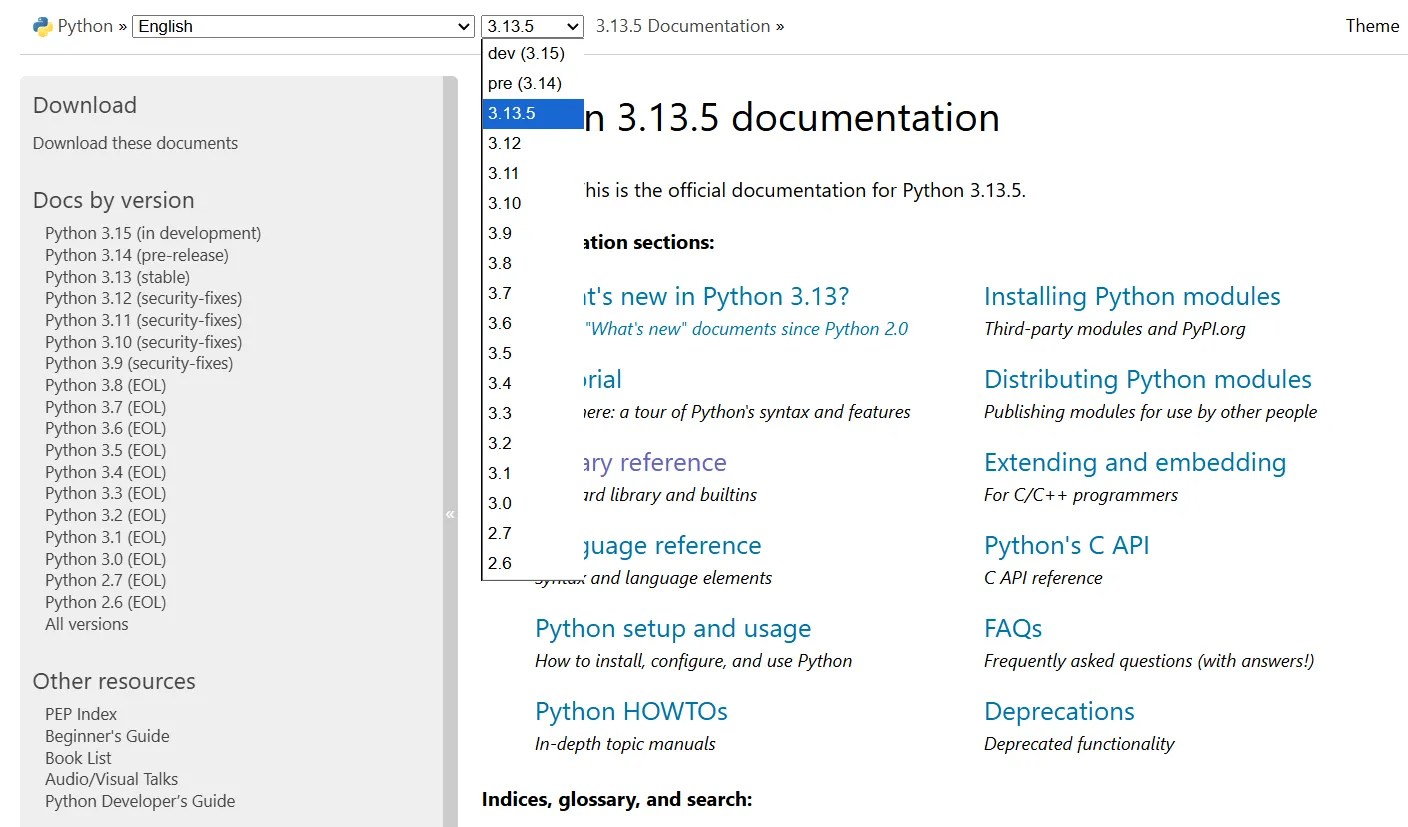 Menu lựa chọn phiên bản tài liệu Python