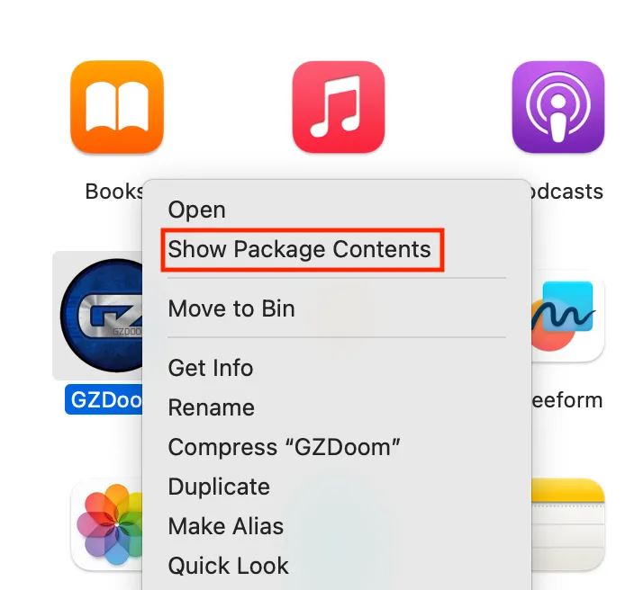 Menu ngữ cảnh hiển thị tùy chọn &quot;Hiển thị Nội dung Gói&quot; cho ứng dụng macOS