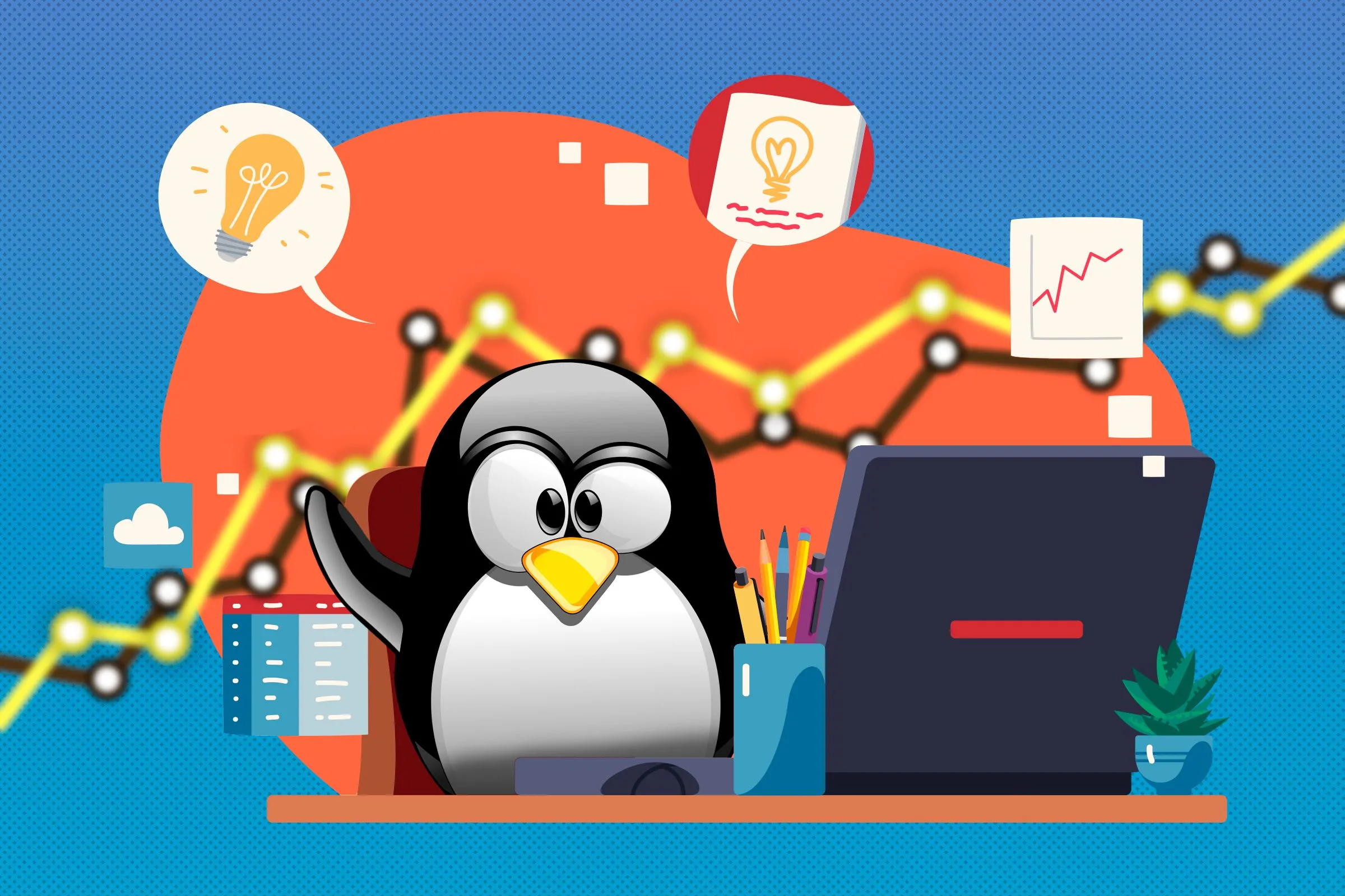 Minh họa linh vật Linux tại bàn làm việc với các biểu tượng năng suất
