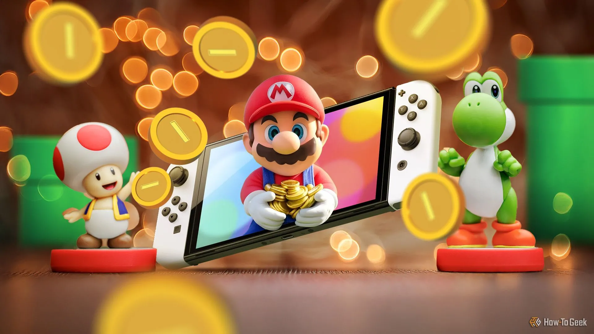 Một chiếc máy Nintendo Switch đang hiển thị game Super Mario với Mario, Toad và Yoshi, minh họa việc trao đổi máy cũ để mua Switch 2 mới