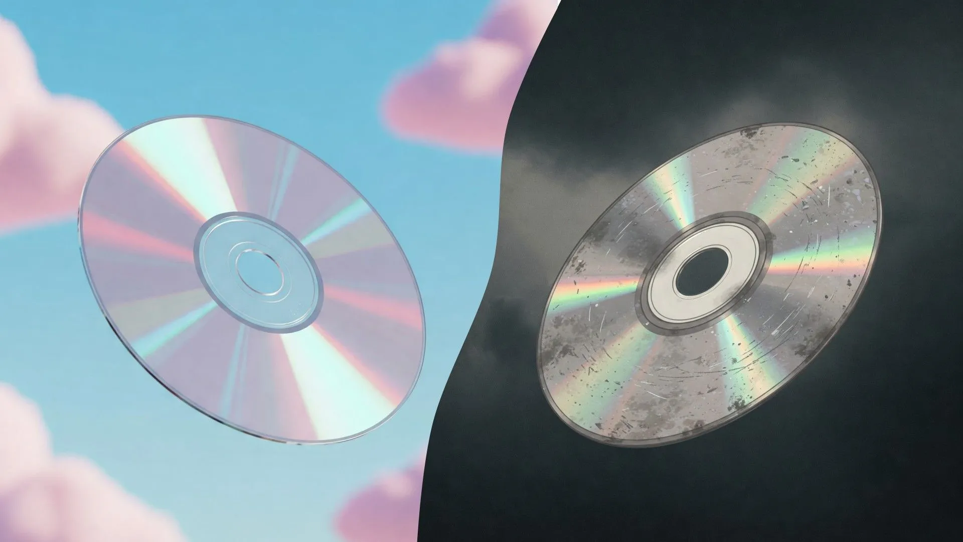 Một đĩa CD mới nguyên cạnh một đĩa CD đã bị trầy xước, minh họa sự xuống cấp của đĩa vật lý.