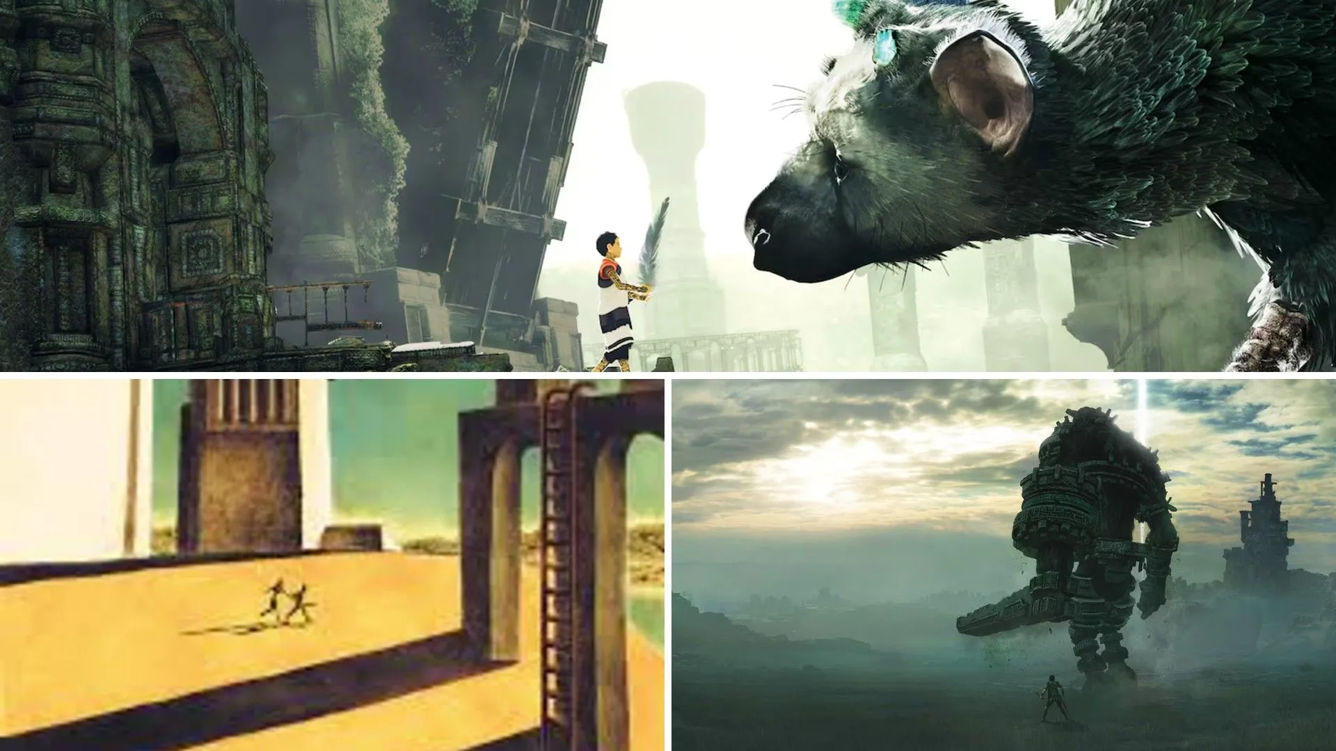Một đứa trẻ nhìn sinh vật khổng lồ từ The Last Guardian, người chơi tấn công Colossus trong Shadow of the Colossus, và hai nhân vật chạy trong ICO, thể hiện mối liên kết giữa các tác phẩm của Team Ico.