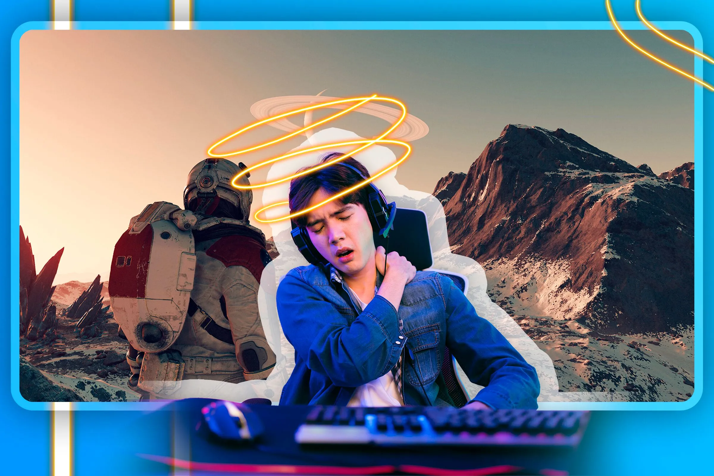Một game thủ với vẻ mặt mệt mỏi cùng hình ảnh Starfield ở hậu cảnh, thể hiện tình trạng burnout khi chơi game và lời khuyên nên biết khi nào dừng lại để bảo toàn niềm vui.