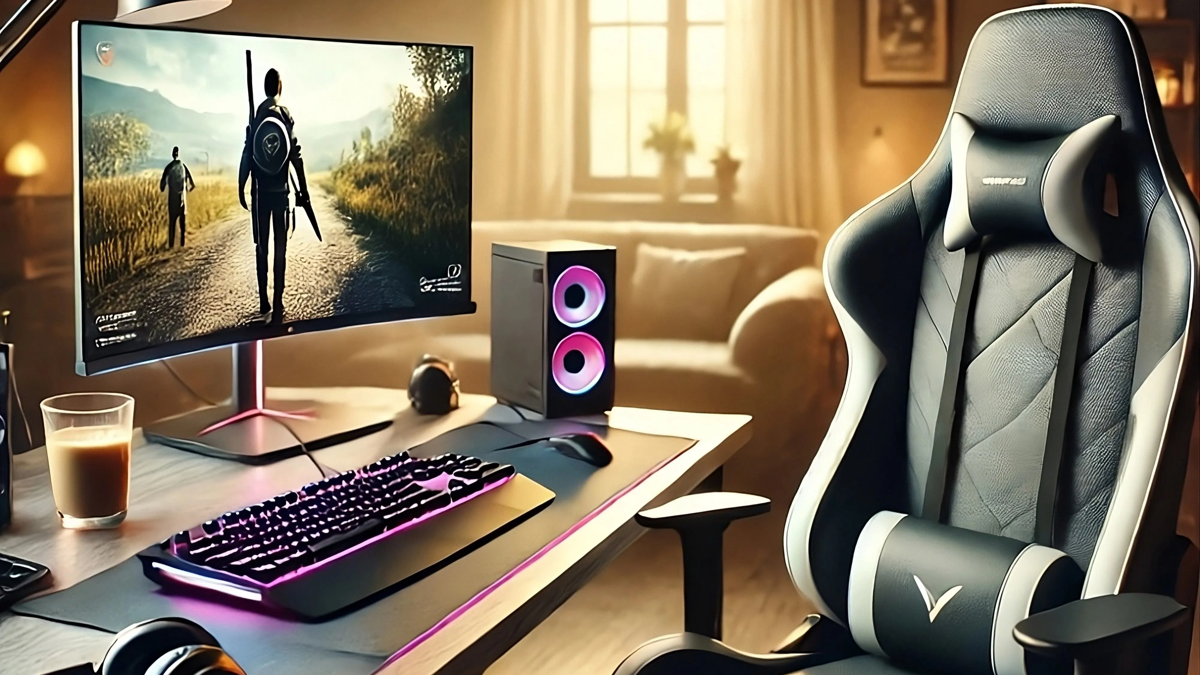 Một góc làm việc gọn gàng với PC gaming và ghế chơi game, bên cạnh ly cà phê dưới ánh nắng ban mai, minh họa sự thoải mái và dễ dàng của việc tự lắp PC hiện nay.