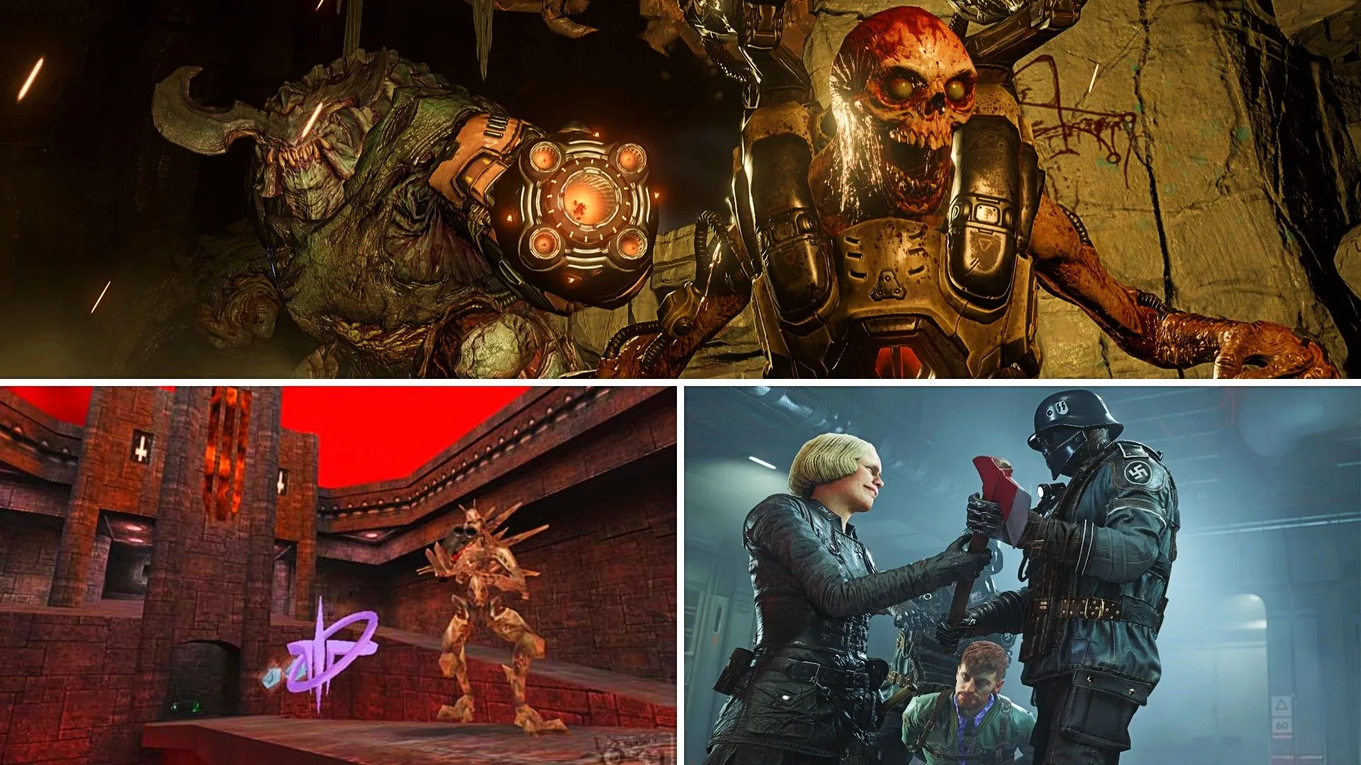 Một quái vật từ Doom, kẻ thù từ Quake 3 Arena, và cảnh lấy rìu từ lính Quốc xã trong Wolfenstein 2, thể hiện sự kết nối giữa các vũ trụ game của id Software.