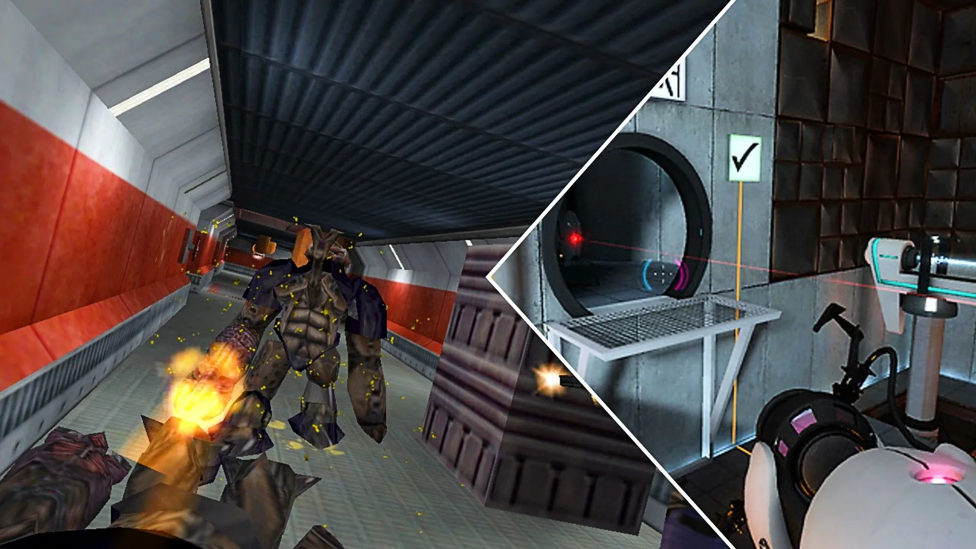 Một quái vật từ Half-Life bắn vào người chơi, bên cạnh là người chơi Portal đang giải đố, minh họa sự giao thoa vũ trụ giữa hai series game của Valve.