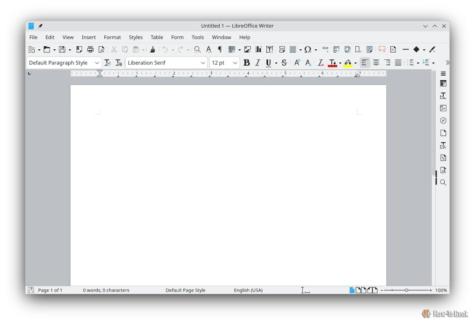 Một tài liệu trắng trống trong LibreOffice Writer, minh họa giao diện đơn giản và trực quan của phần mềm.