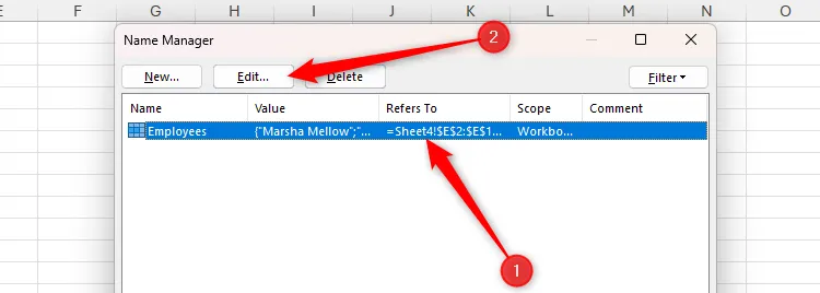 Một tên trong hộp thoại Trình quản lý Tên của Excel được chọn và nút Chỉnh sửa được tô sáng.