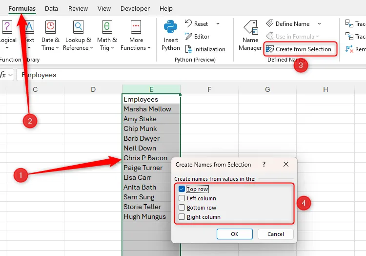 Một vùng Excel được chọn, và Hàng Đầu Tiên được chọn trong hộp thoại Tạo Từ Vùng Chọn