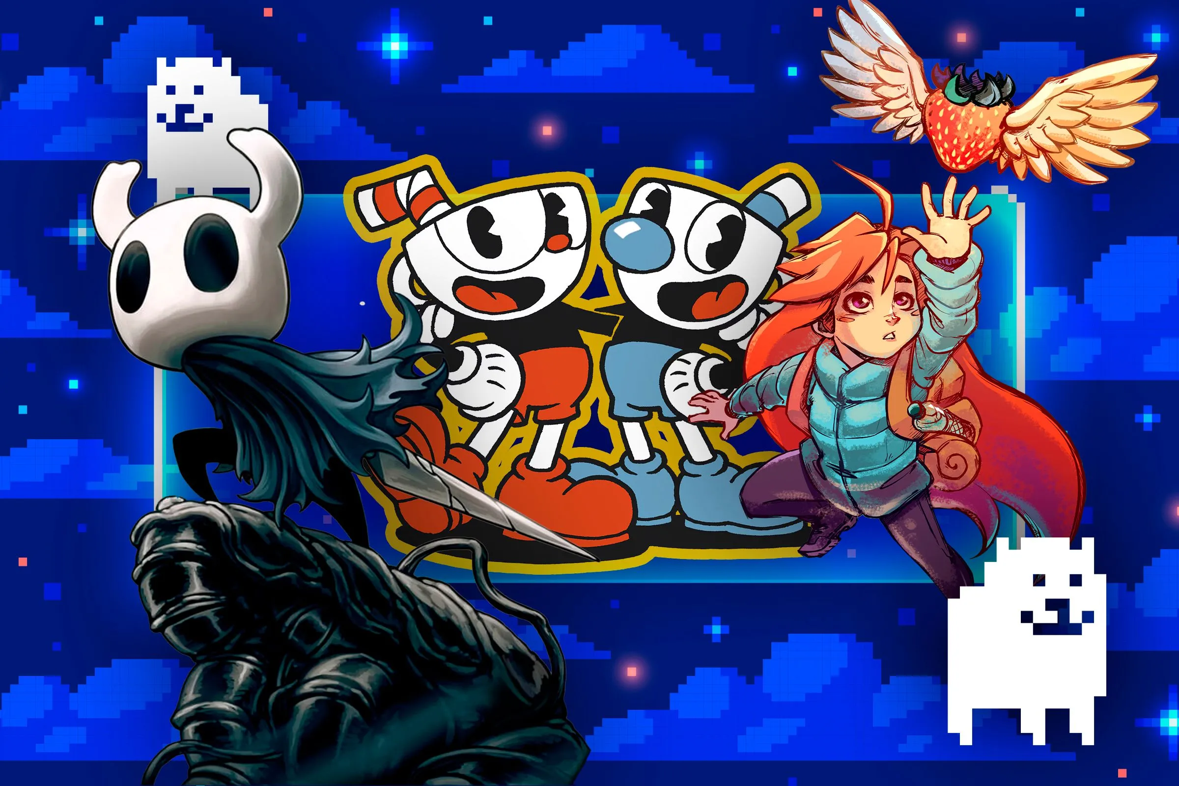 Nền đám mây pixel với các nhân vật game indie, đại diện cho những ý tưởng sáng tạo đột phá trong ngành game