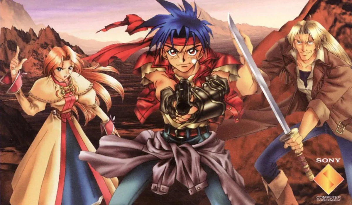Nghệ thuật quảng cáo mô tả ba nhân vật chính từ Wild Arms