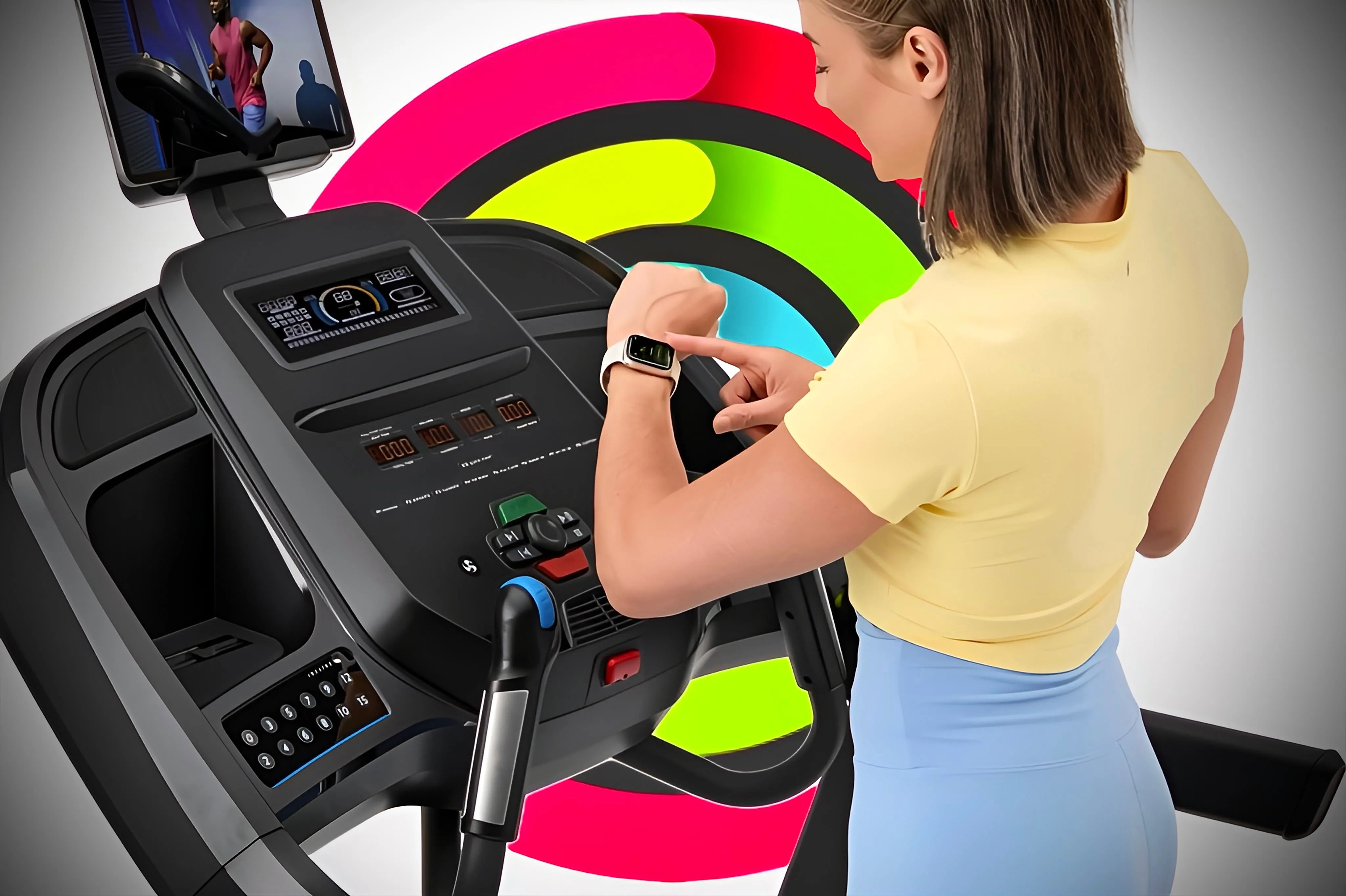 Người dùng xác nhận kết nối Apple Watch với máy chạy bộ, hiển thị vòng Hoạt động