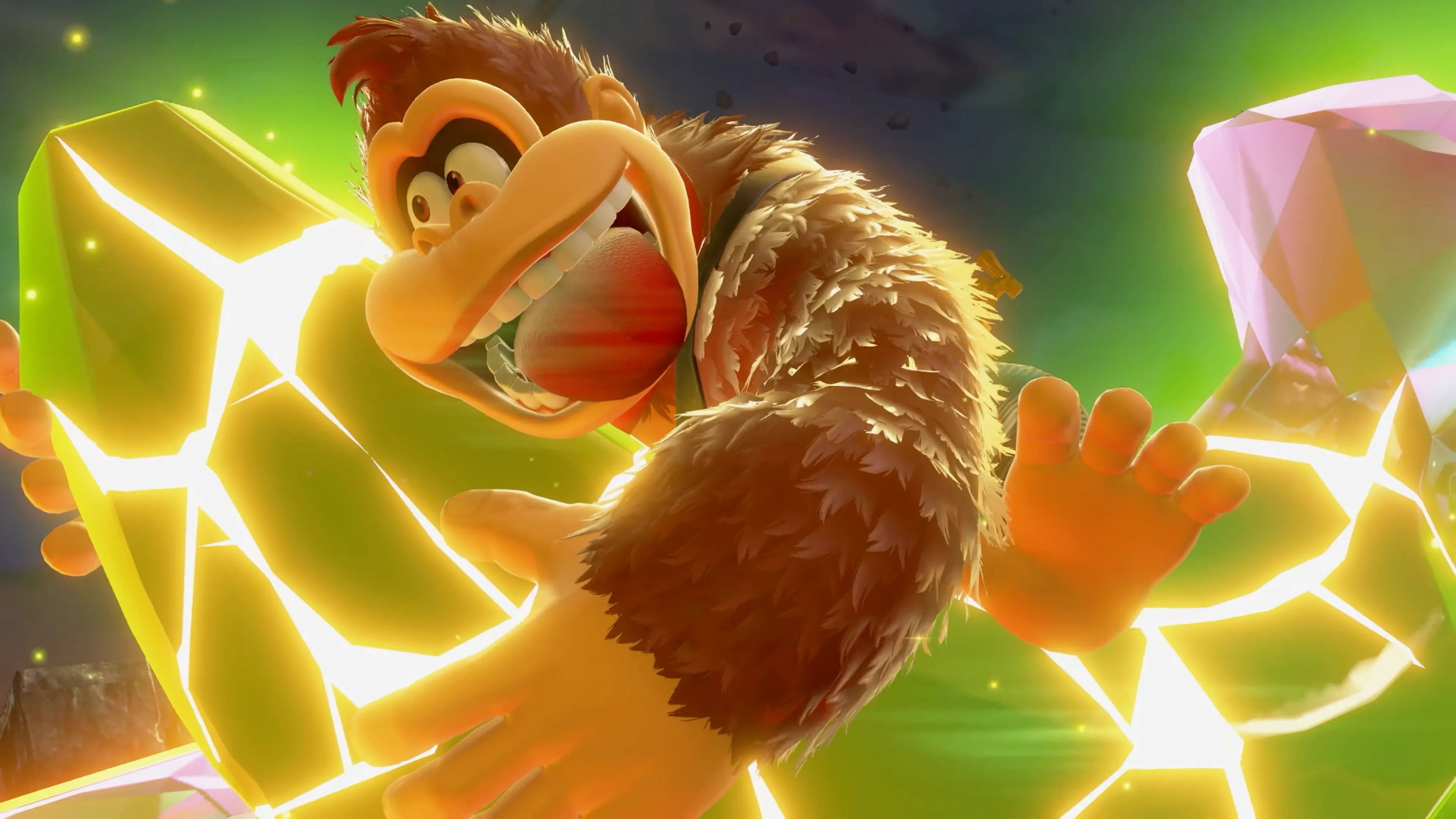 Nhân vật Donkey Kong đang ôm quả chuối khổng lồ trong game Donkey Kong Bananza, minh họa cho game 3D platformer mới