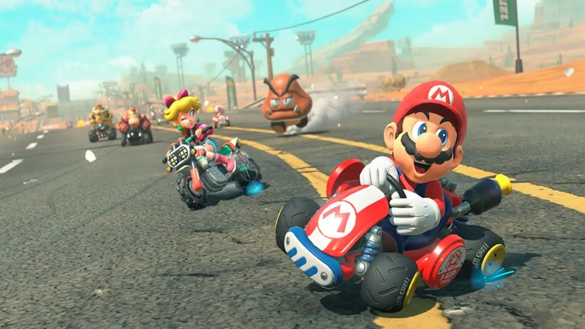 Nhân vật Mario và Công chúa Peach trong cuộc đua Mario Kart World trên Switch 2