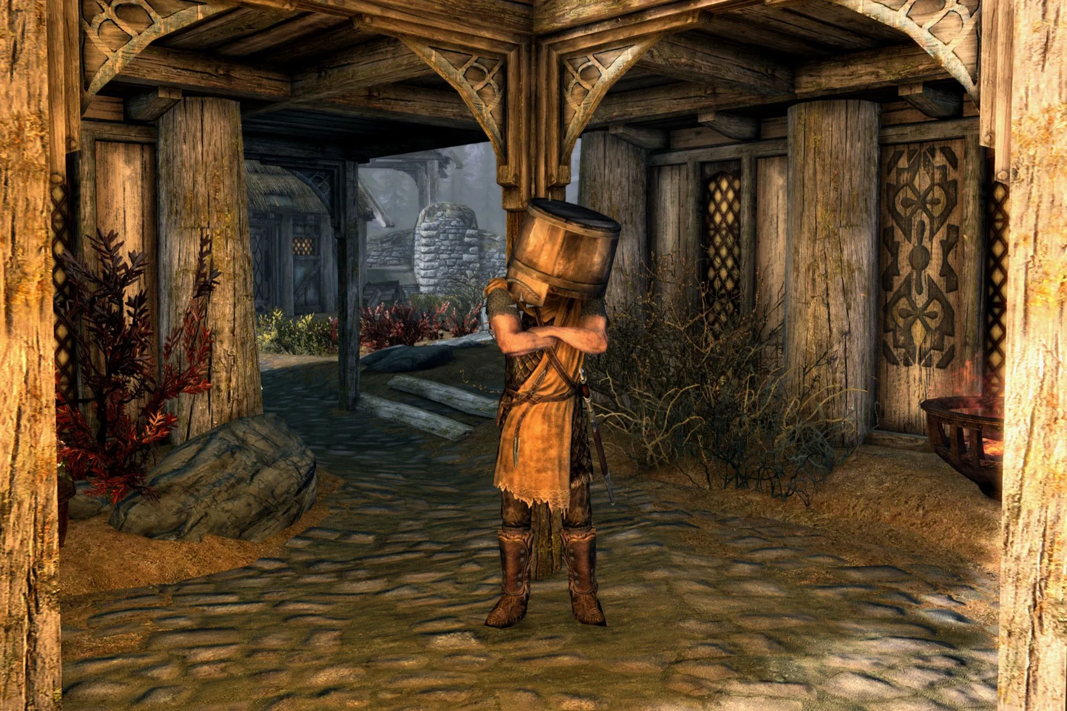 Nhân vật trong game Skyrim đội xô lên đầu, minh họa cho việc chơi lại một tựa game yêu thích để khơi dậy đam mê gaming.