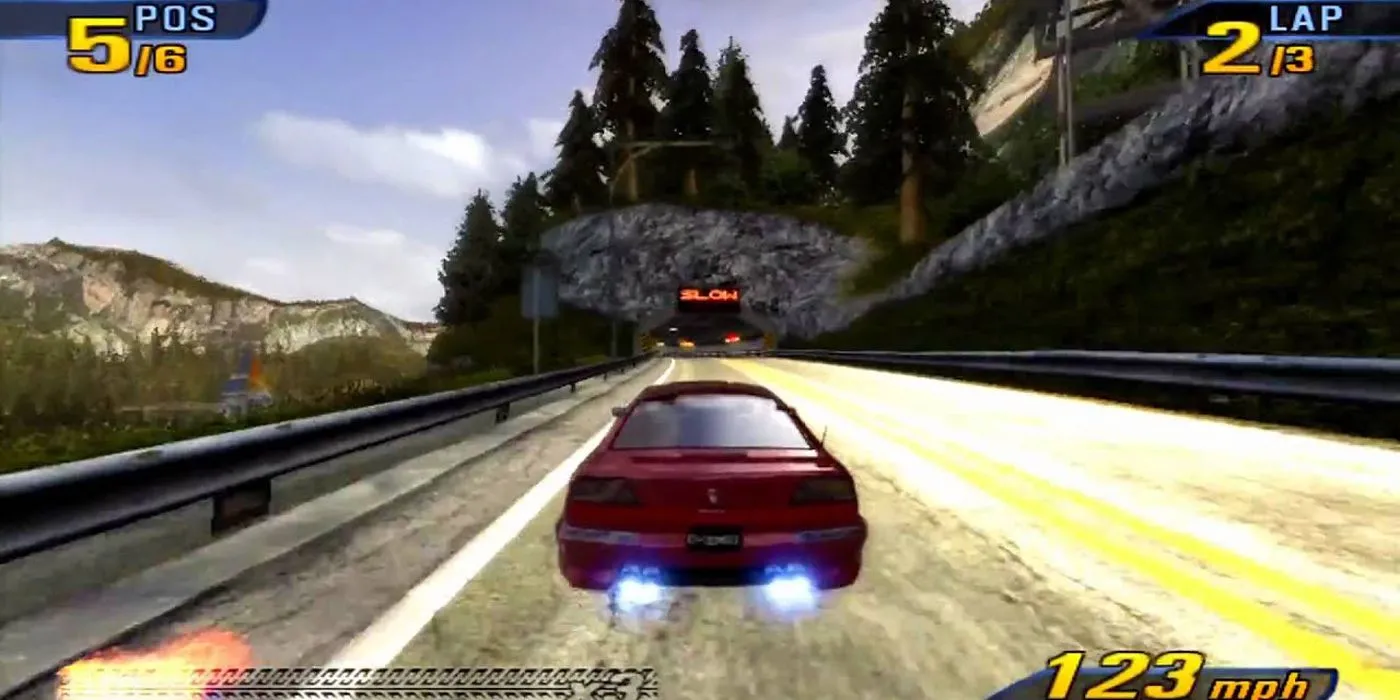 Nhiều xe đang đua trên đường phố trong Burnout 3, với hiệu ứng làm mờ tốc độ.