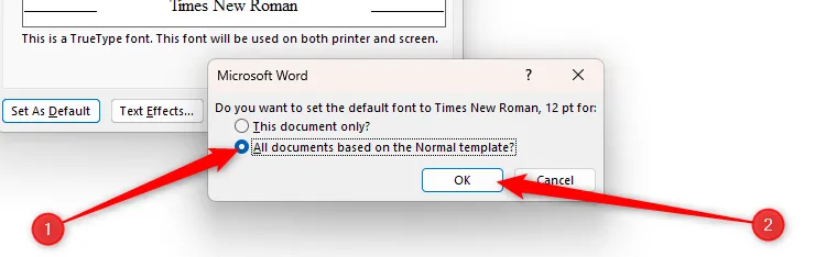 Nút chọn áp dụng tất cả thay đổi font trong hộp thoại Microsoft Word Font cho tất cả tài liệu tương lai đã được chọn, cùng với nút OK