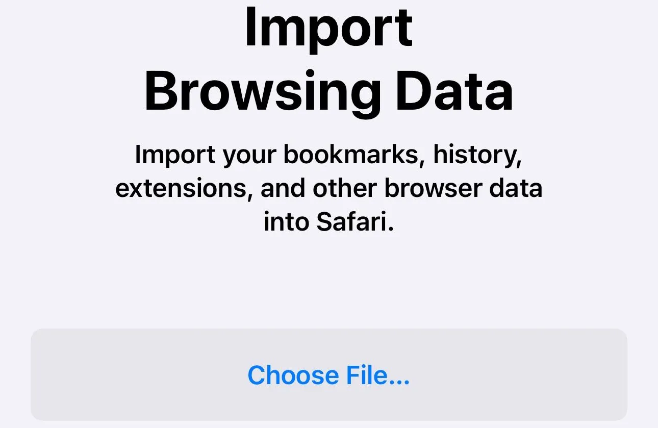 Nút &quot;Chọn Tệp&quot; trên công cụ nhập dữ liệu của Safari trên iPhone, dùng để chọn dữ liệu từ trình duyệt khác.