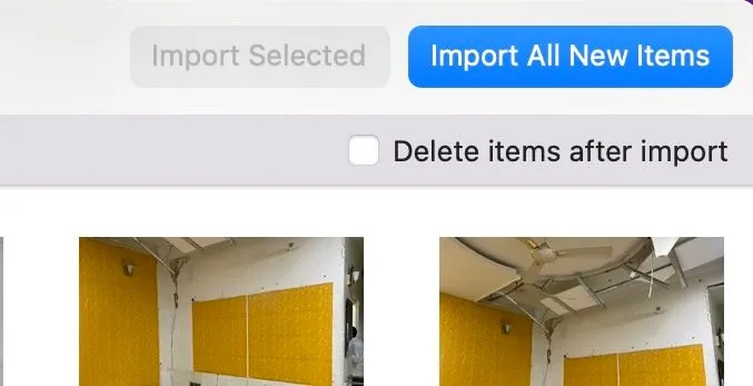 Nút Import All New Items trong ứng dụng Mac Photos để nhập các phương tiện mới