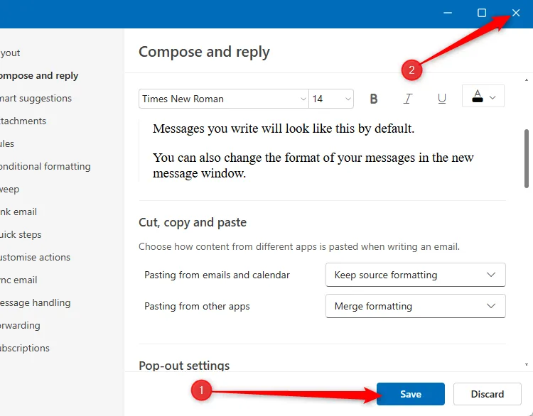 Nút Save của cửa sổ Settings của New Outlook và biểu tượng X ở góc có thể đóng cửa sổ
