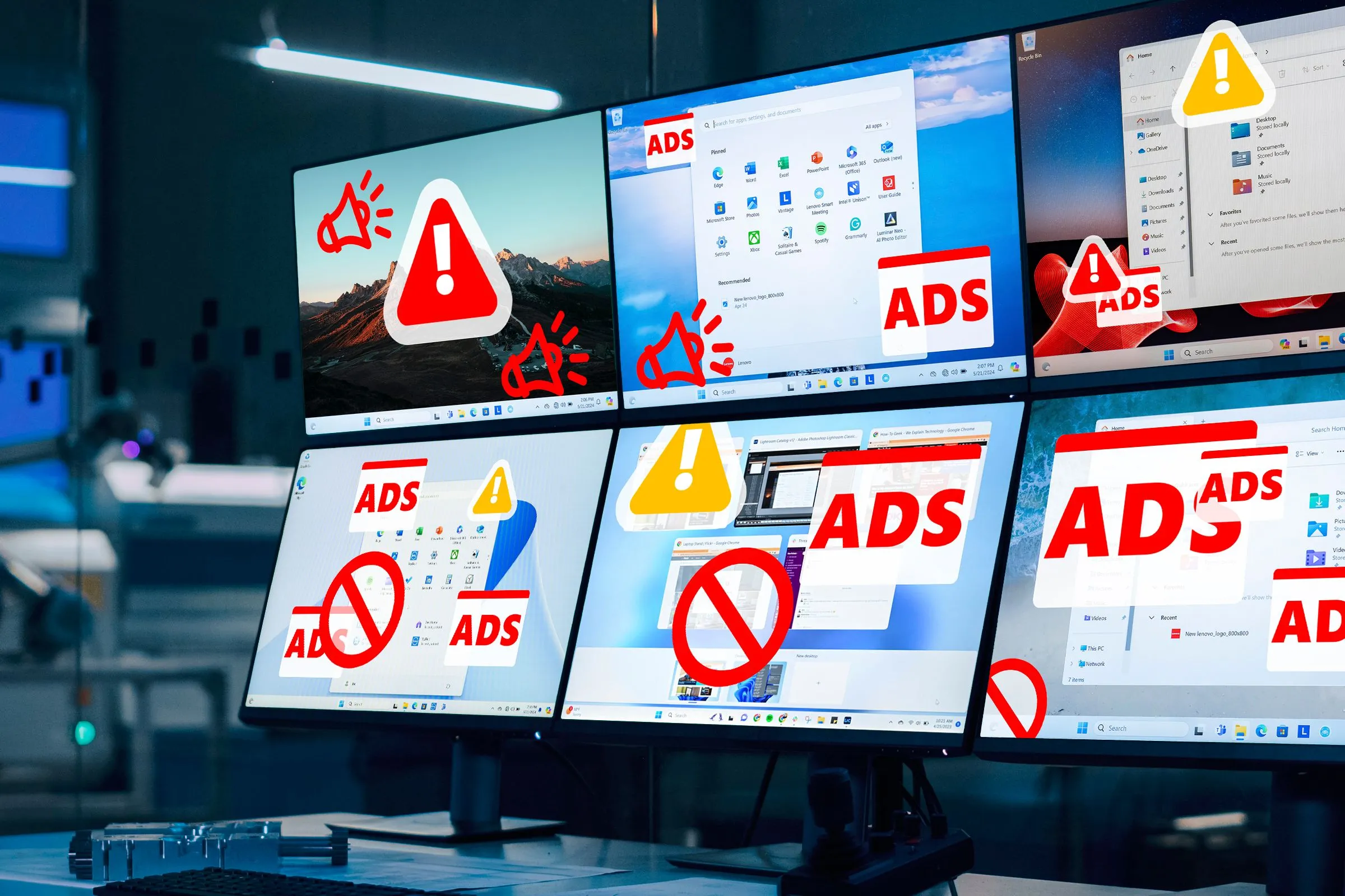 Phòng điều khiển với nhiều màn hình Windows 11 hiển thị quảng cáo gây phiền toái, minh họa sự thay đổi của Windows thành dịch vụ thương mại.