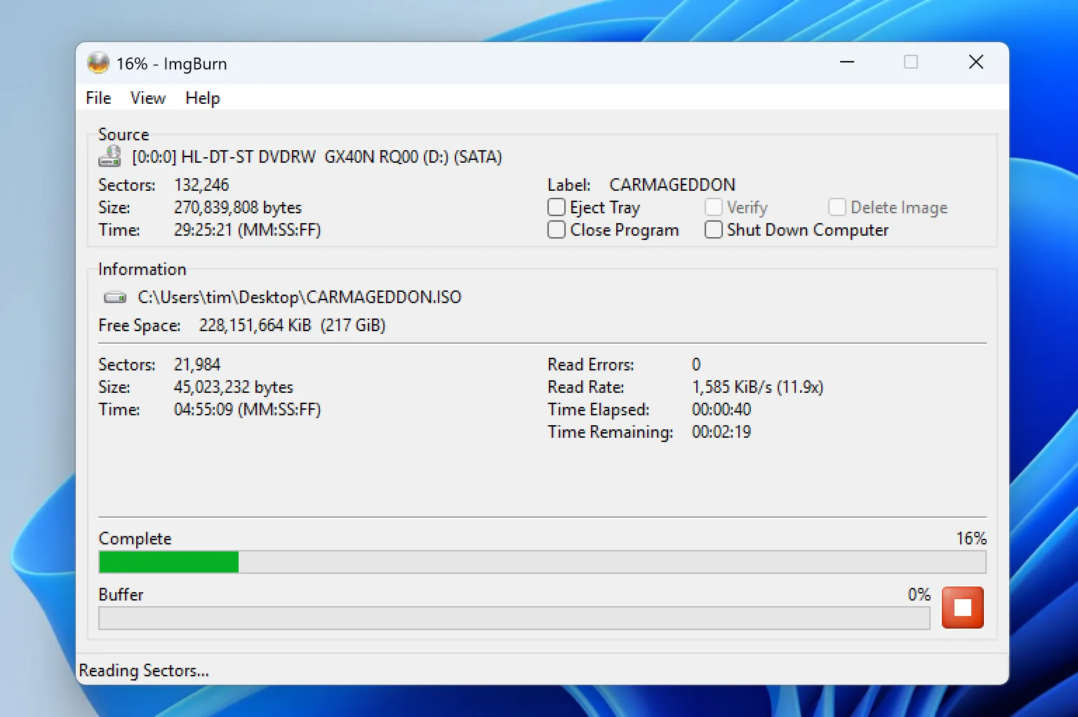Quá trình tạo file ISO đang diễn ra với phần mềm ImgBurn trên hệ điều hành Windows.