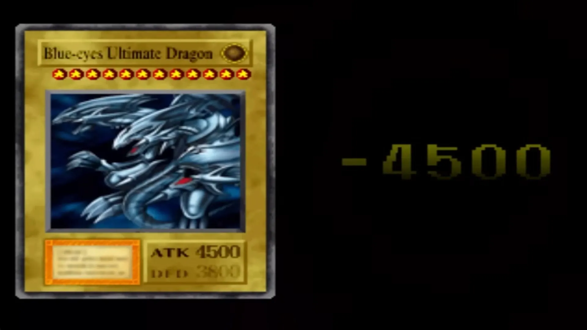 Rồng Trắng Mắt Xanh Tối Thượng (Blue-Eyes Ultimate Dragon) tấn công trực diện, biểu tượng của sự khó nhằn ở cuối game Yu-Gi-Oh! Forbidden Memories