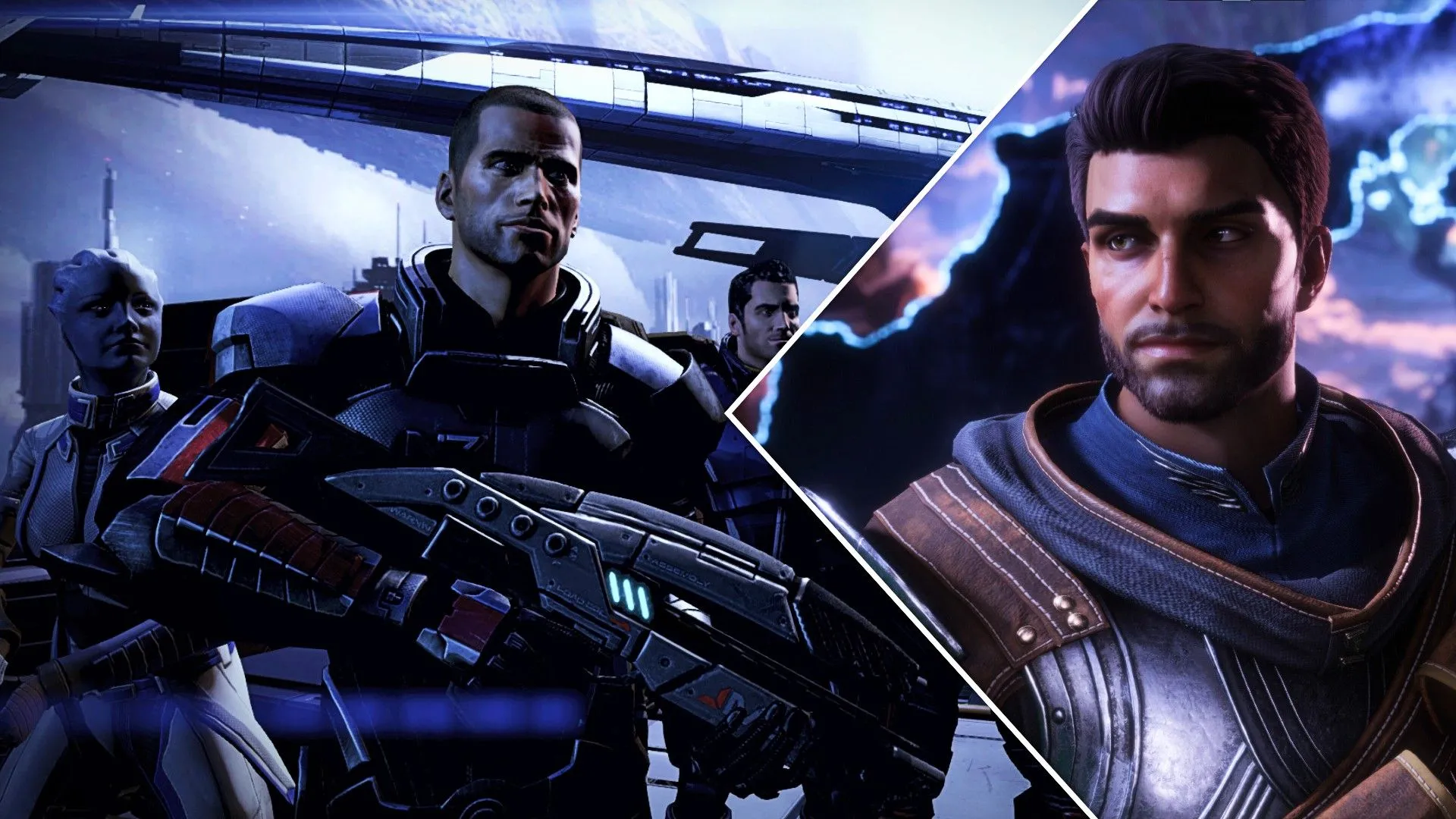 Shepard và Liara đứng trước tàu Normandy trong Mass Effect, bên cạnh là một chiến binh từ Dragon Age: The Veilguard, minh họa mối liên hệ giữa hai thế giới game Bioware.