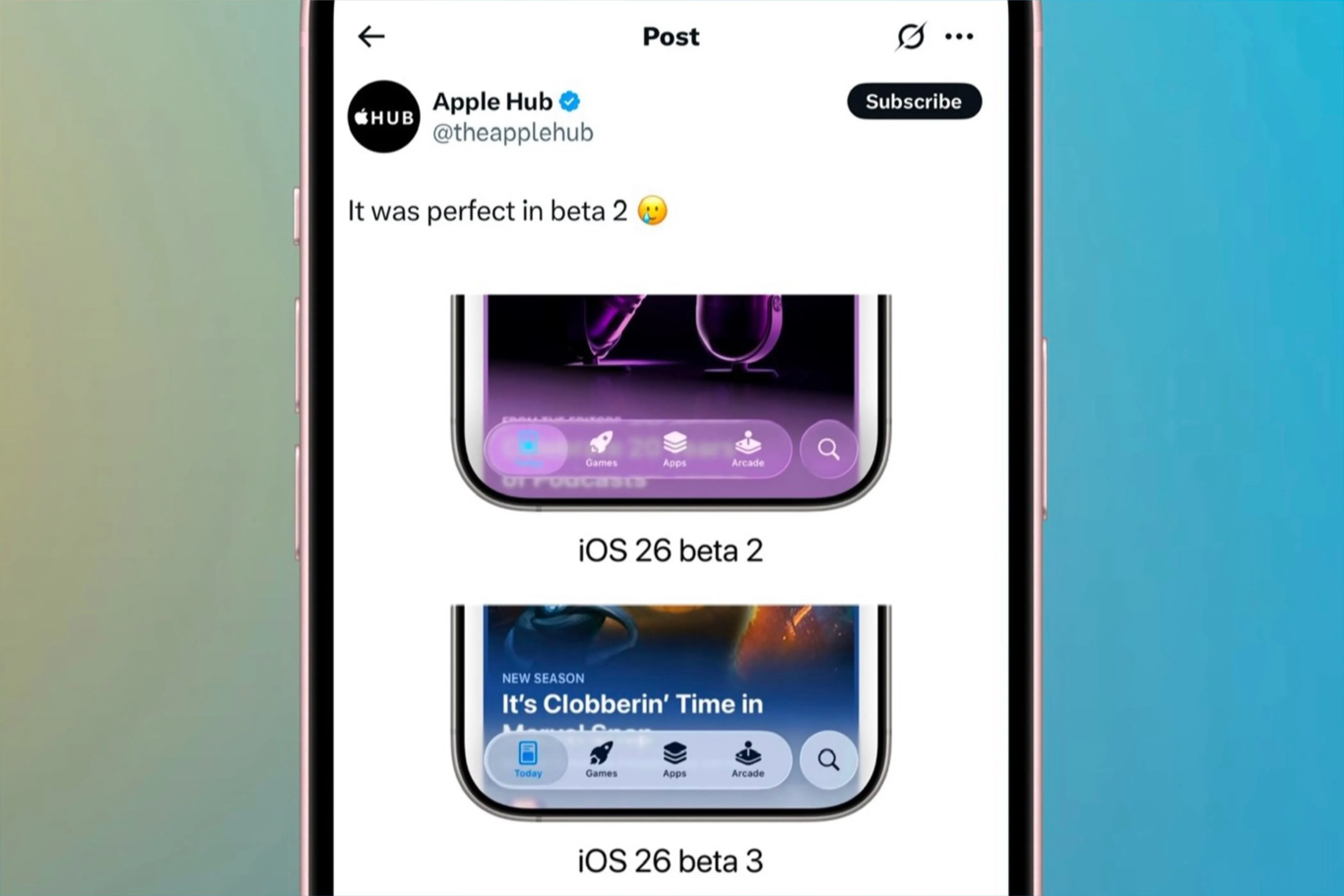 So sánh giao diện Liquid Glass trên iOS 26 giữa bản beta 2 và beta 3, cho thấy sự thay đổi độ mờ.