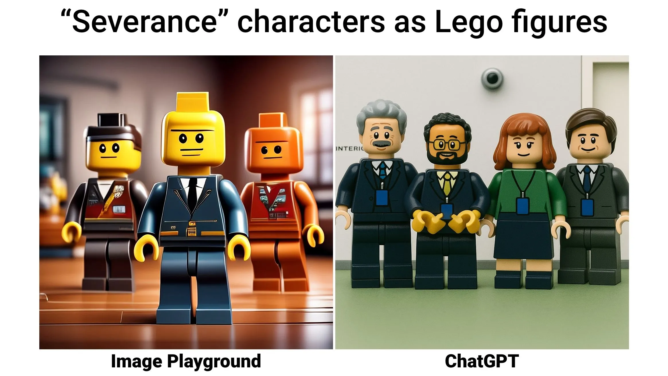 So sánh trực quan giữa ảnh tạo từ Image Playground và ChatGPT khi yêu cầu vẽ nhân vật Severance dưới dạng Lego, minh họa khác biệt về chất lượng AI.