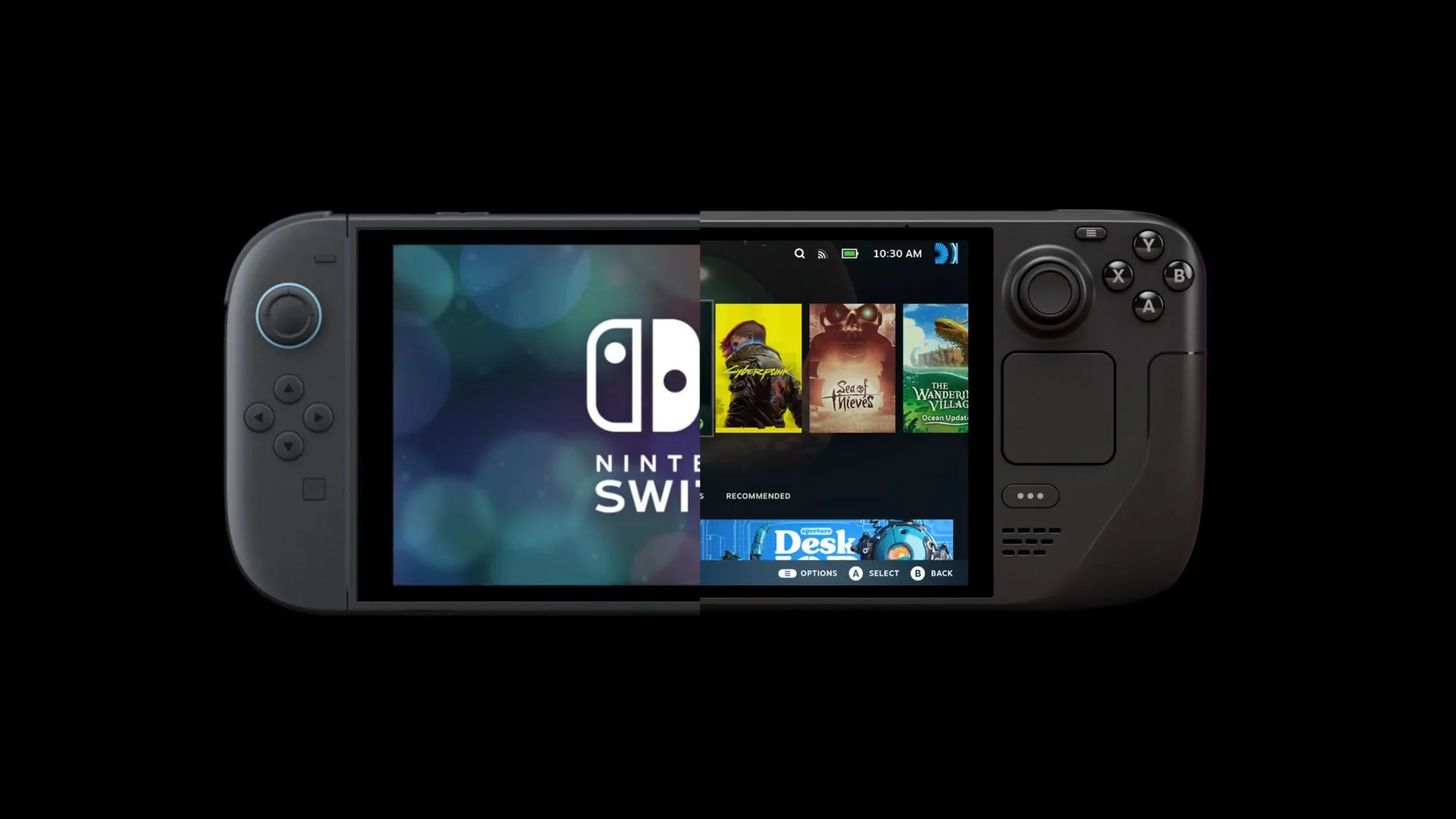 So sánh trực quan giữa Nintendo Switch và Steam Deck OLED, hai thiết bị chơi game cầm tay phổ biến trên thị trường.