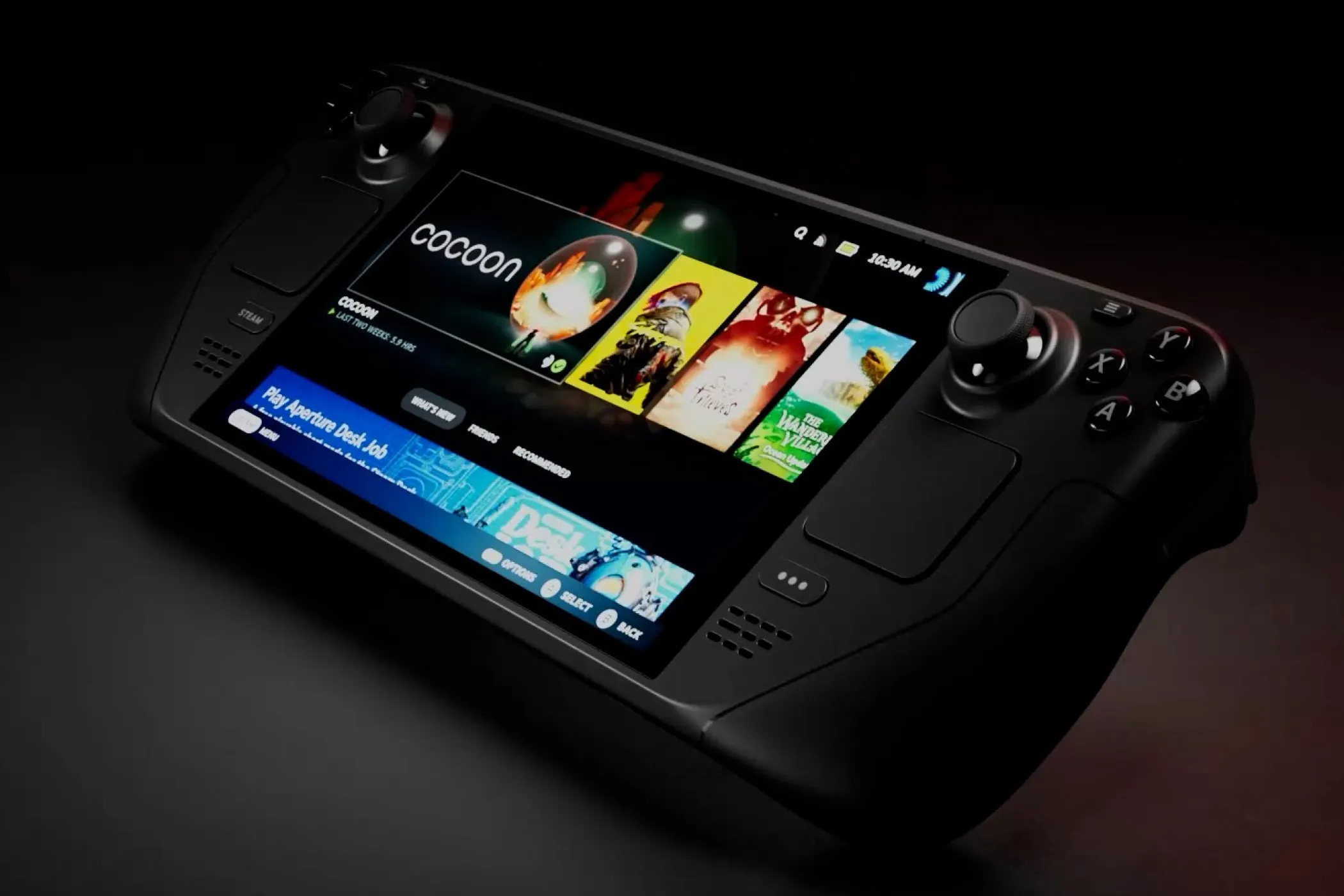 Steam Deck OLED với màn hình được lấy nét, trên nền tối.