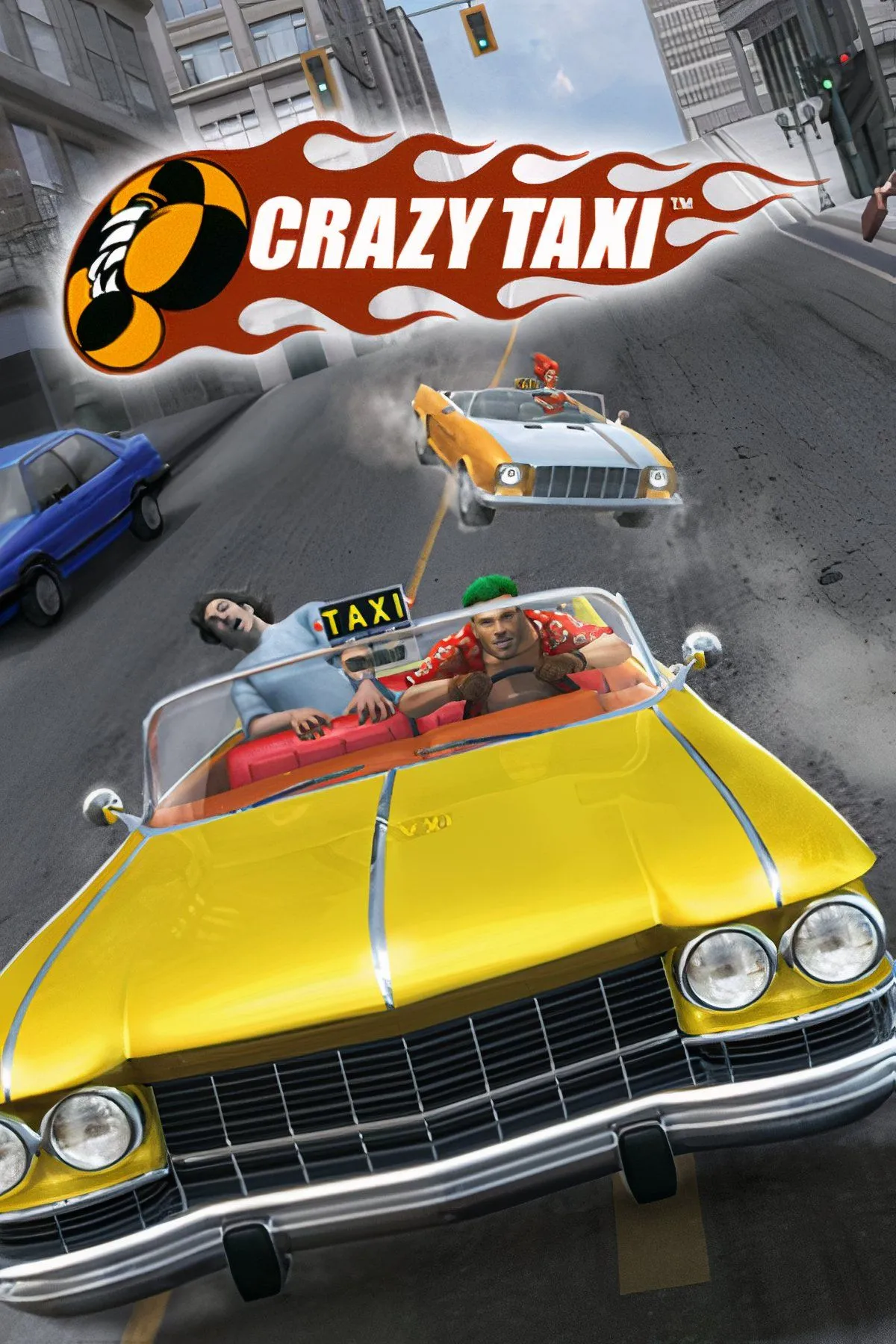 Taxi và nhân vật trong game Crazy Taxi với đồ họa phong cách arcade.