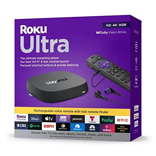 Thiết bị stream 4K Roku Ultra (2024) màu đen và điều khiển từ xa