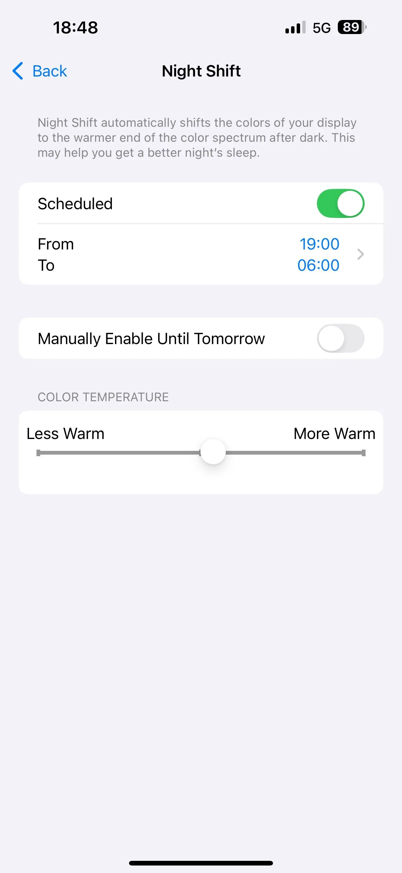 Thiết lập lịch trình tự động cho tính năng Night Shift trên iPhone theo thời gian tùy chọn.
