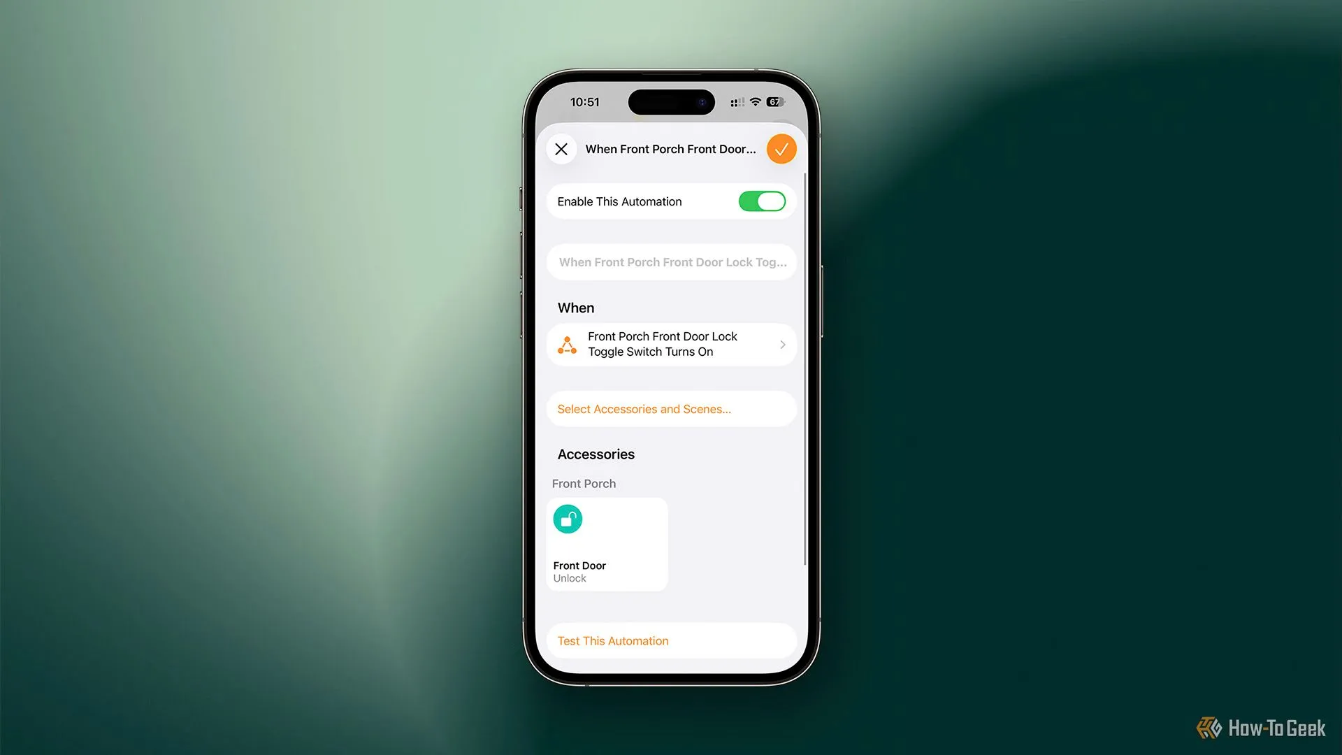 Thiết lập tự động hóa HomeKit để mở khóa cửa khi công tắc ảo được bật.