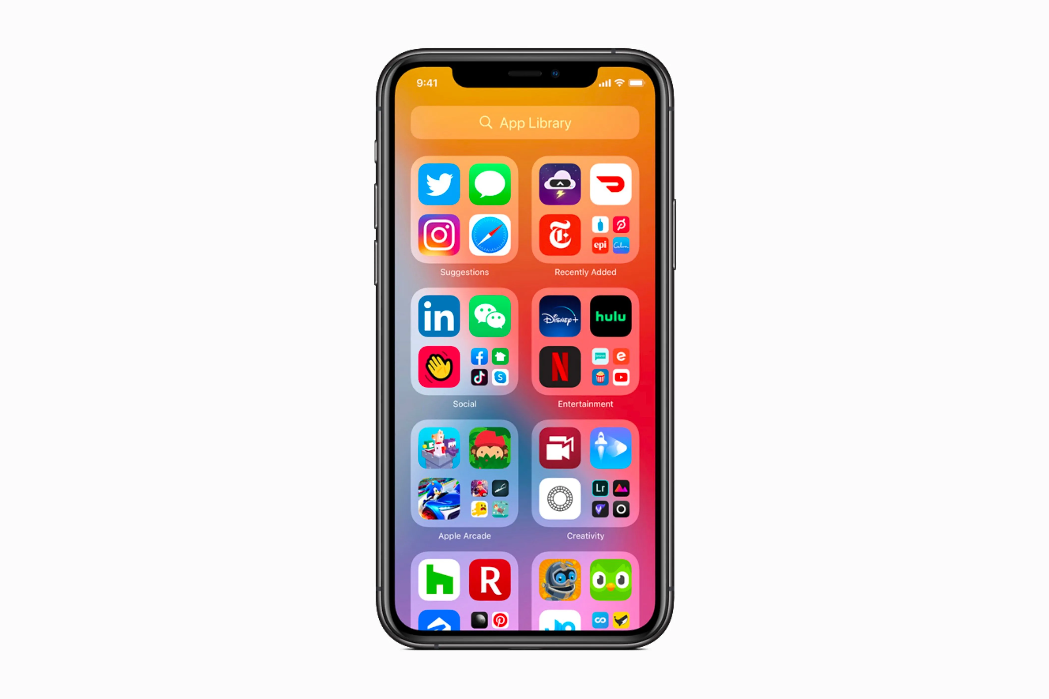 Thư viện ứng dụng (App Library) trên iPhone chạy iOS 14 với các thư mục tự động