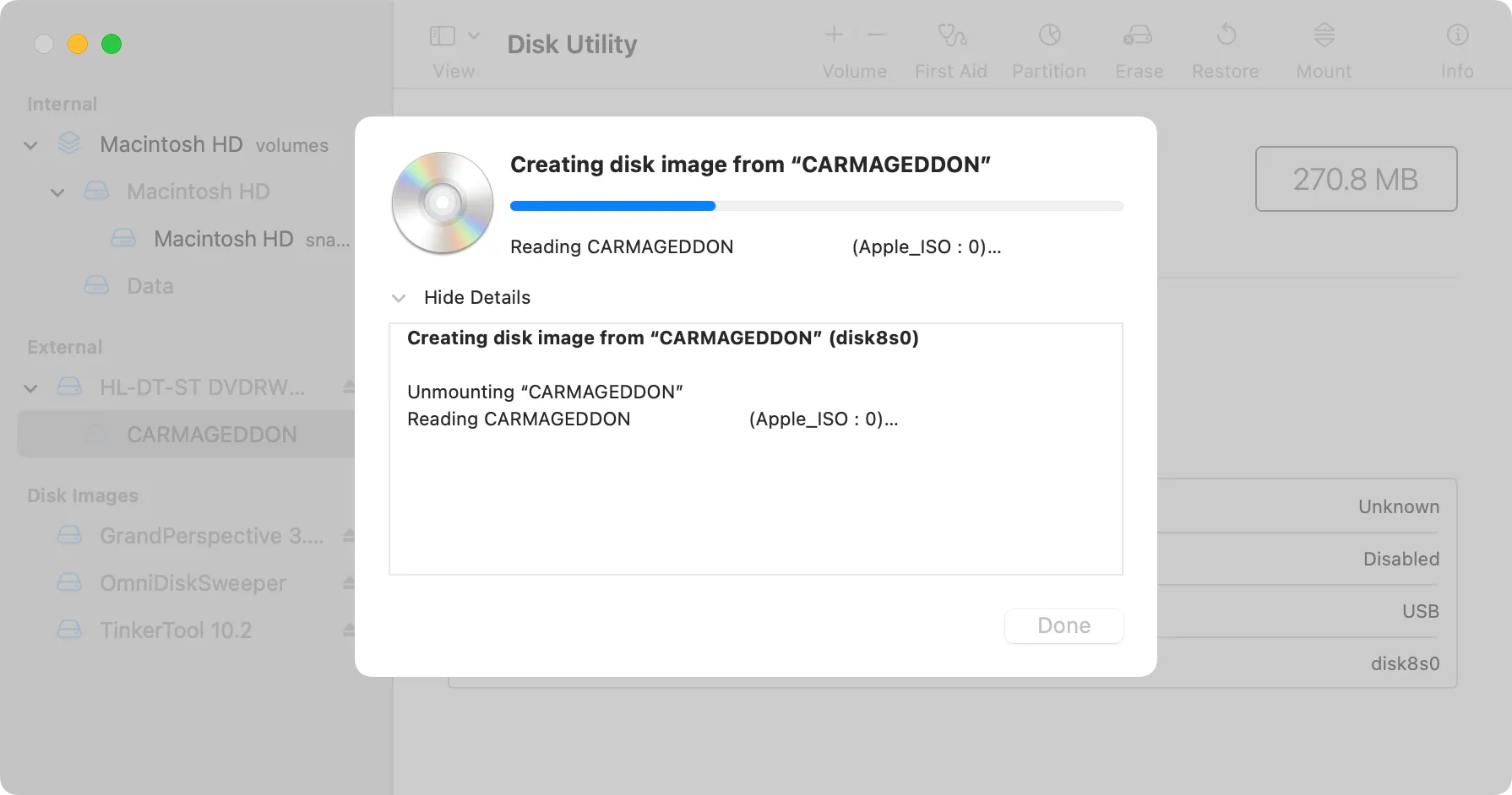 Tiến trình tạo ảnh đĩa bằng Disk Utility trên macOS, chuẩn bị chuyển đổi sang ISO.