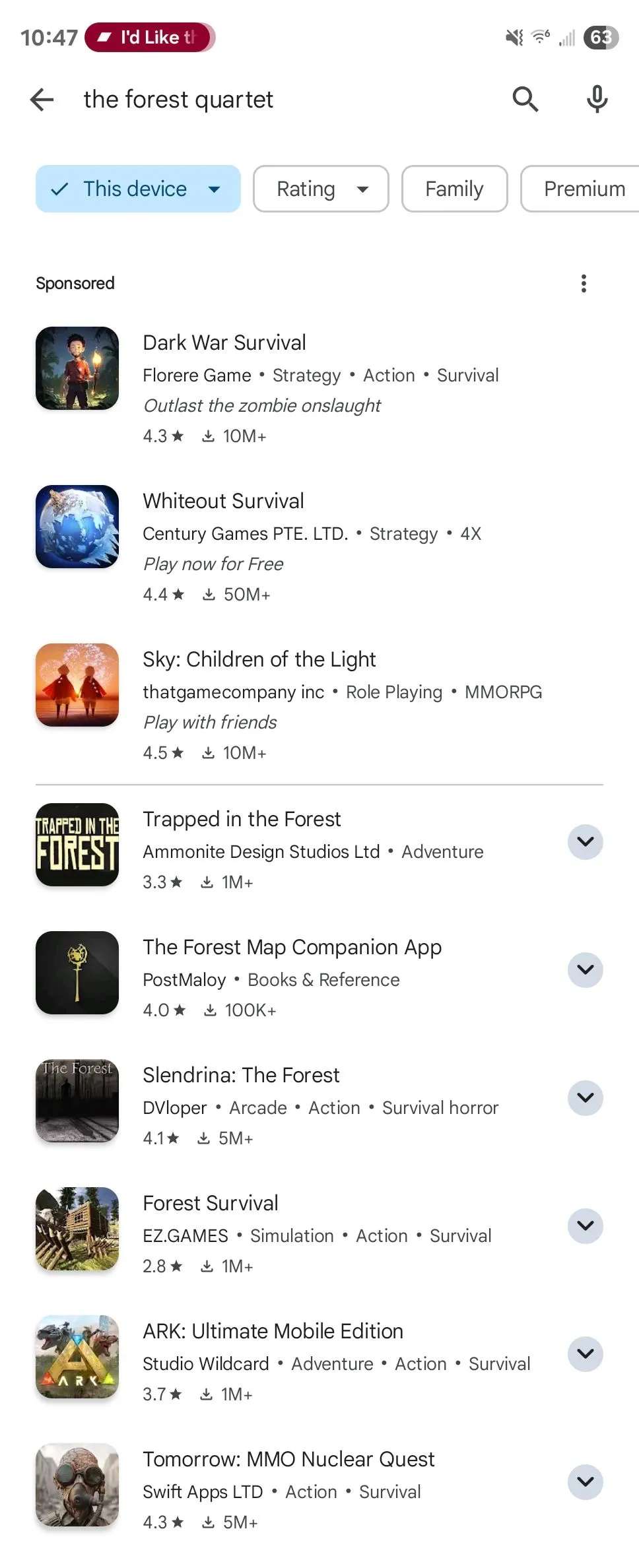 Tìm kiếm The Forest Quartet trên Google Play Store Android không có kết quả, minh chứng cho sự thiếu hụt game chất lượng