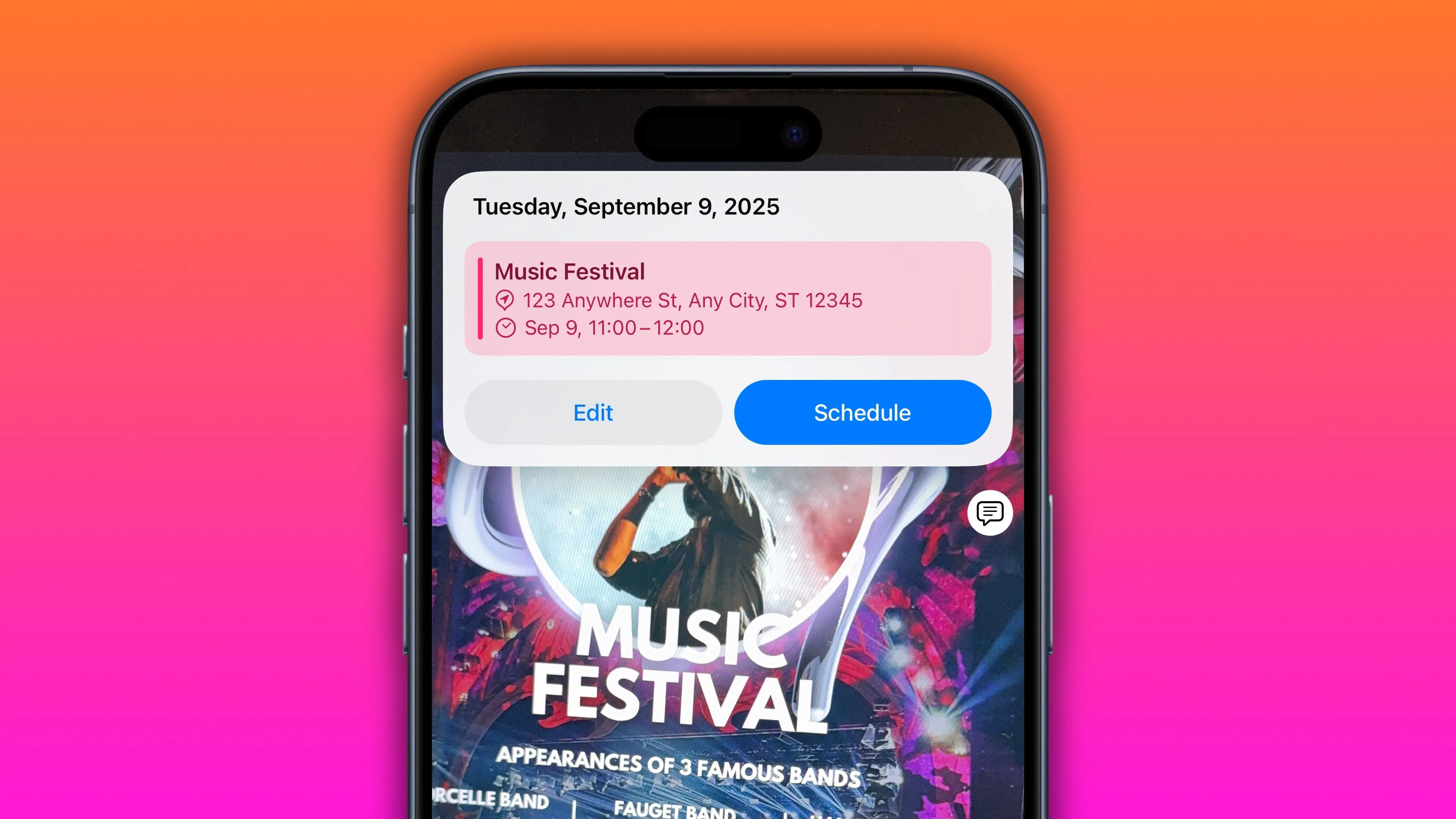 Tính năng Visual Intelligence trên iPhone đề xuất thêm sự kiện từ tờ rơi concert vào lịch, minh họa khả năng nhận diện hình ảnh của Apple Intelligence.