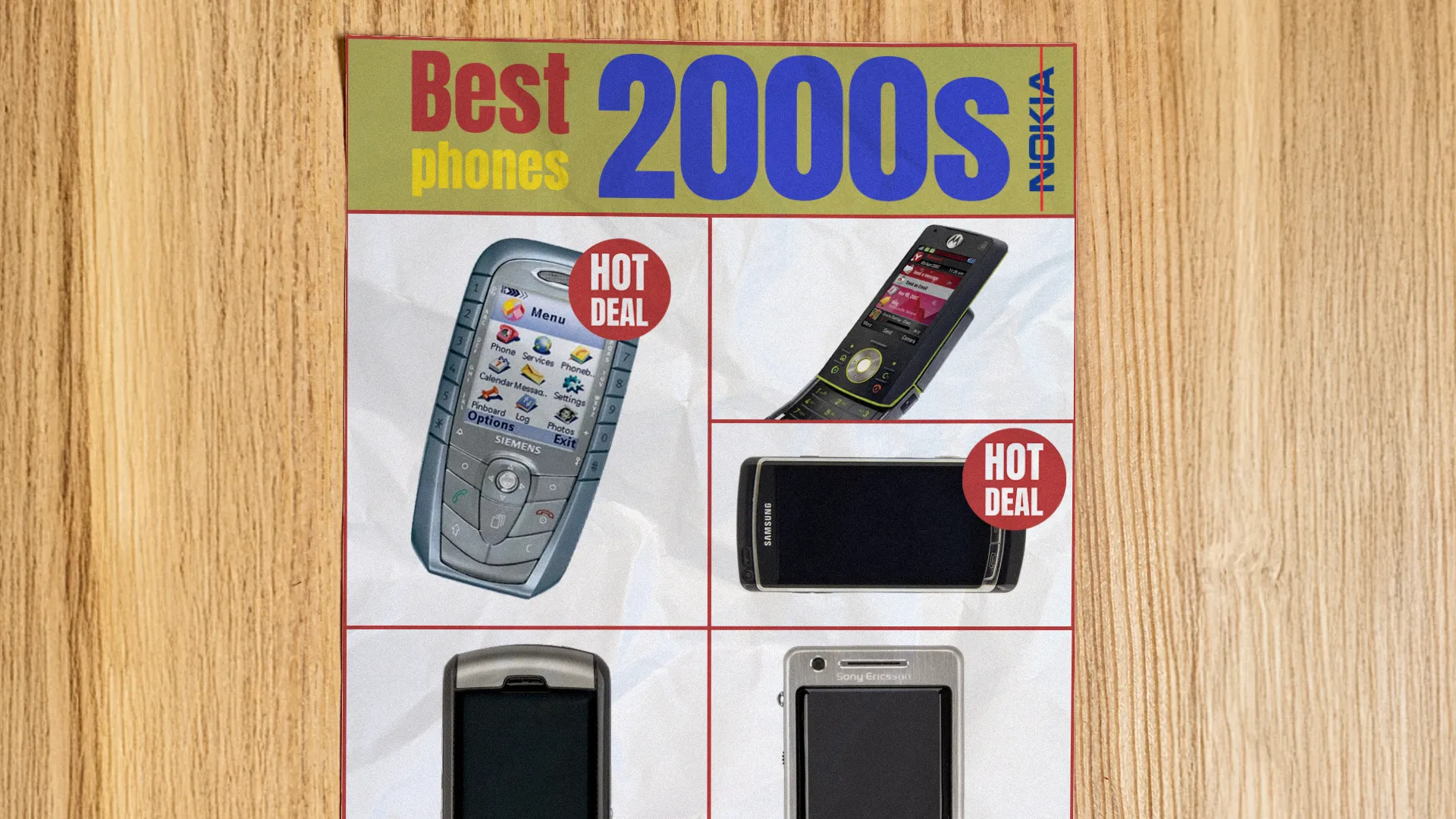 Tờ rơi phong cách retro quảng cáo điện thoại những năm 2000 với các mẫu điện thoại cổ điển như Nokia