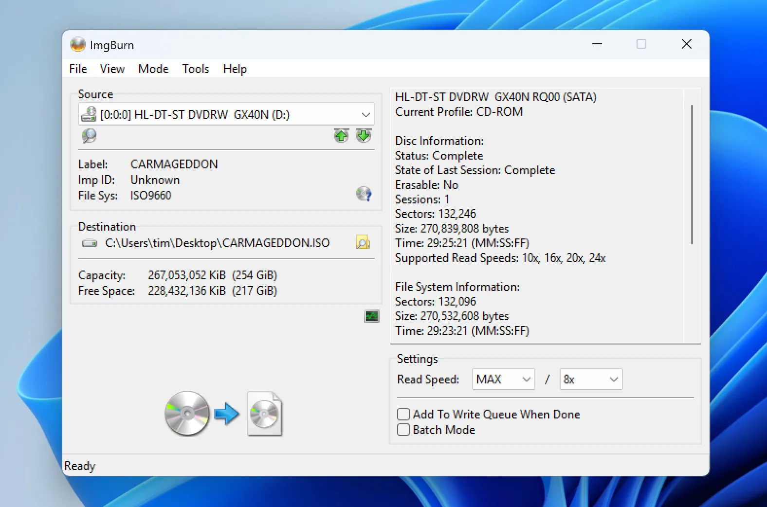 Trang cài đặt trích xuất trong ImgBurn, nơi chọn ổ đĩa nguồn và vị trí lưu file ISO.