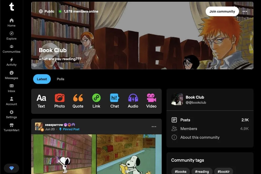 Trang Cộng đồng Tumblr &quot;Book Club&quot; với bảng điều khiển riêng, hiển thị các bài đăng và tương tác của thành viên trong nhóm đọc sách.